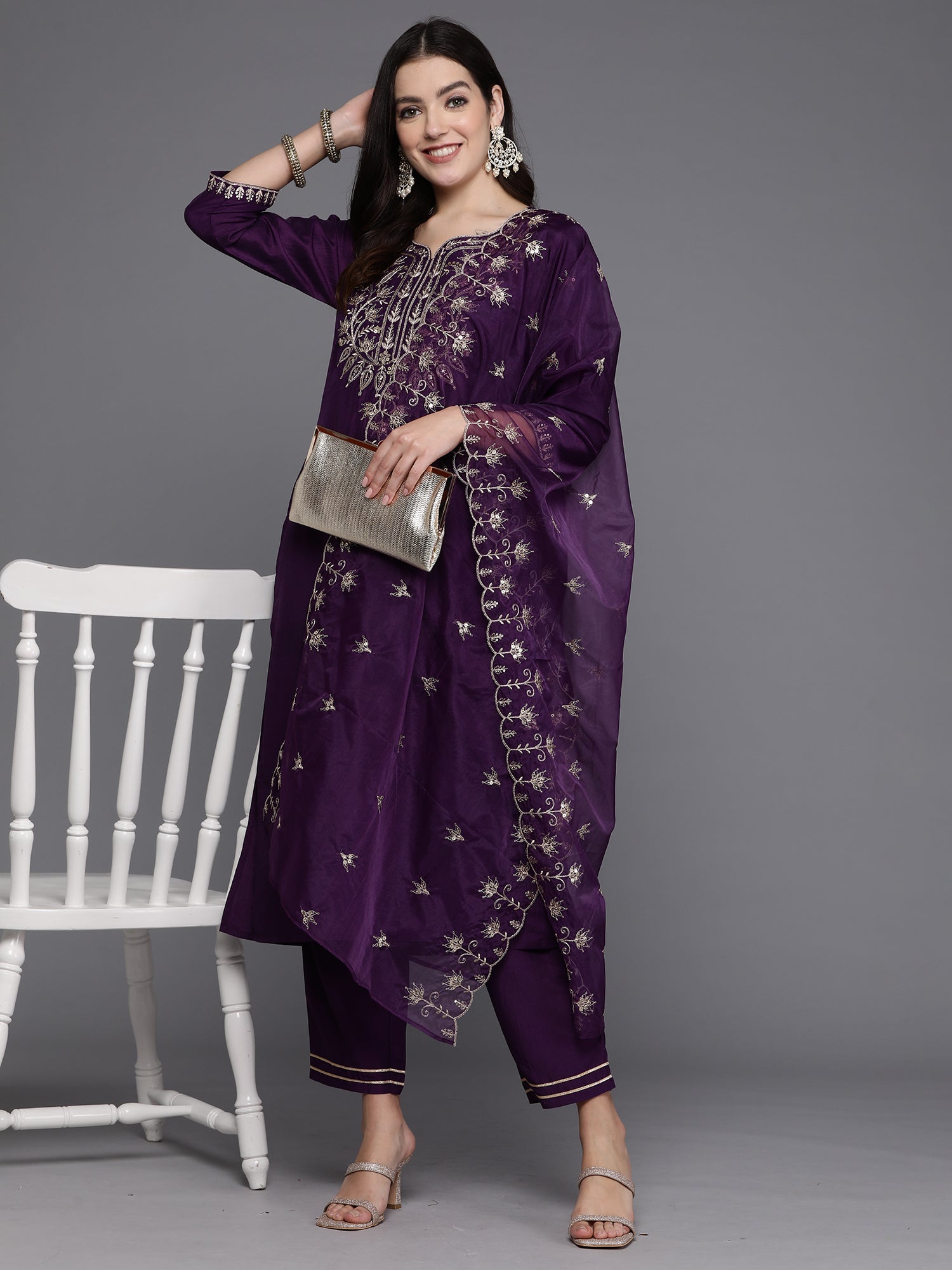 Women's Purple Silk Blend Kurta Set - Taantav