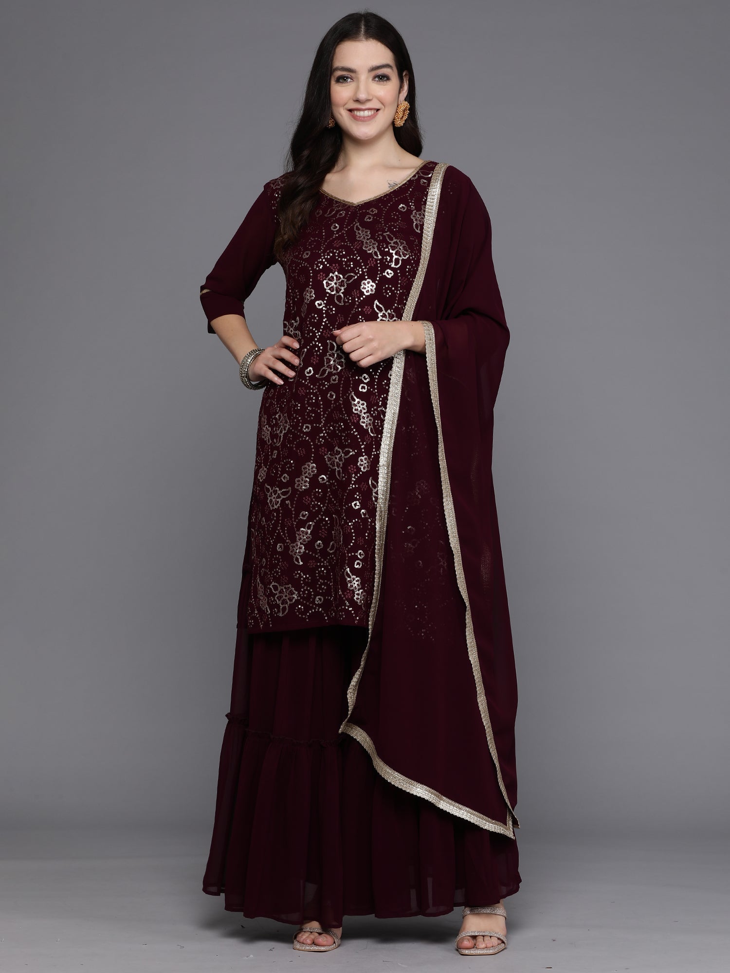 Women's Burgundy Georgette Kurta Set - Taantav