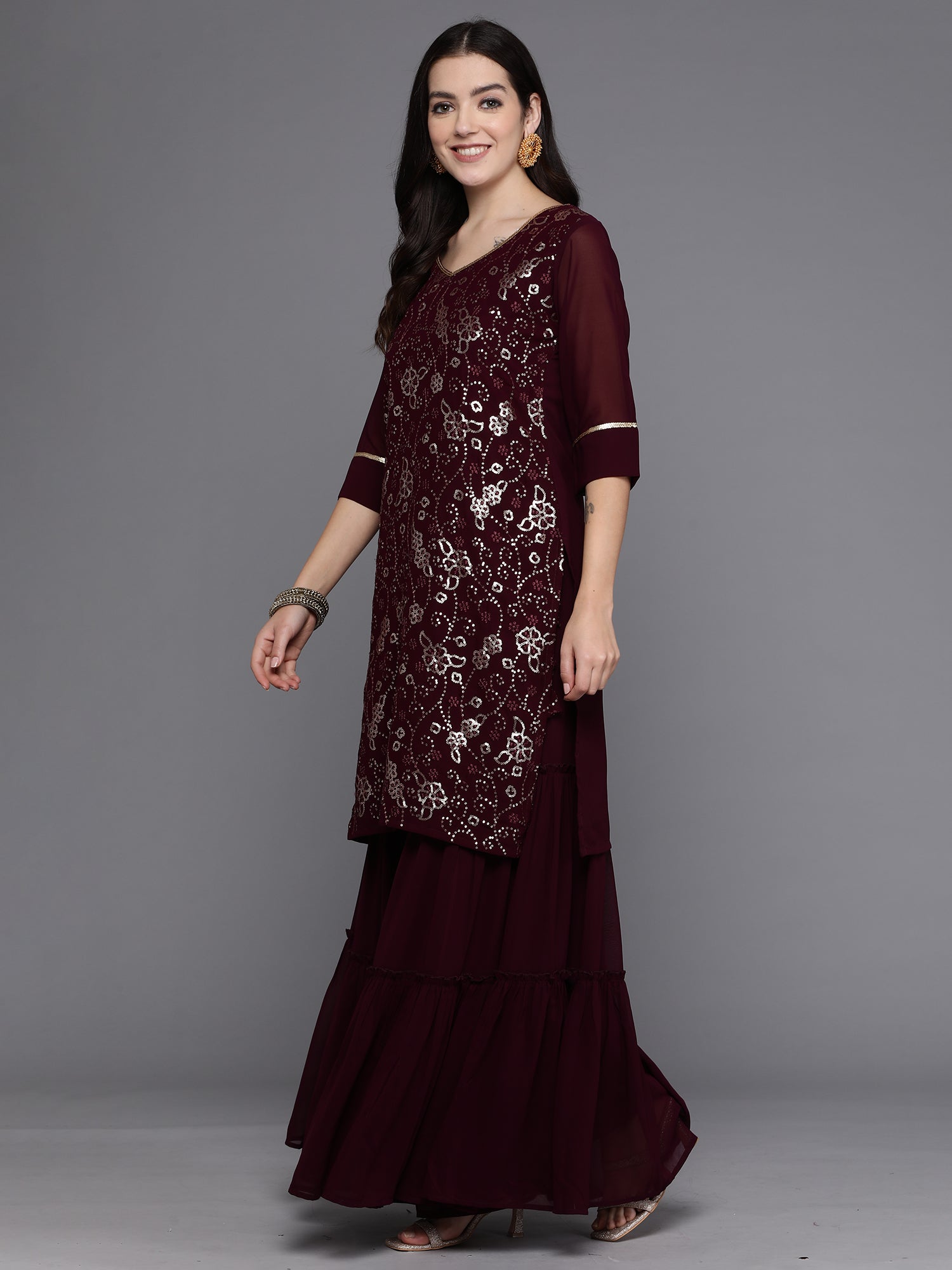 Women's Burgundy Georgette Kurta Set - Taantav