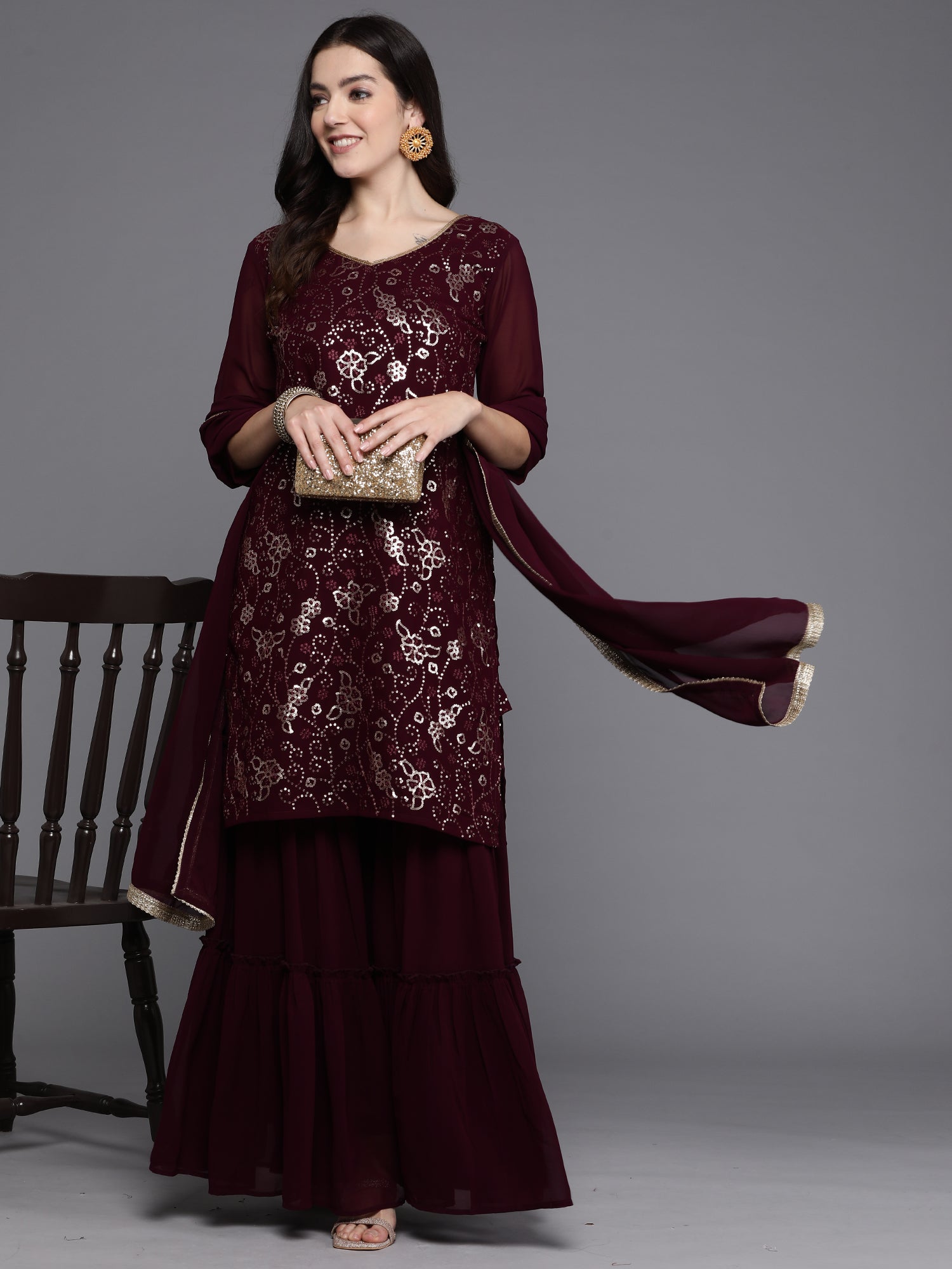 Women's Burgundy Georgette Kurta Set - Taantav