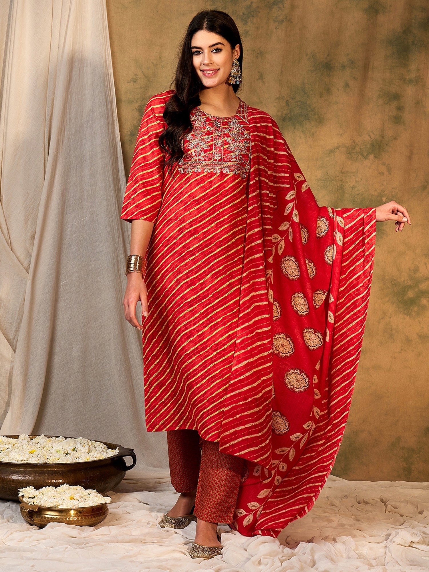 Women's Red Pure Cotton Kurta Set - Taantav