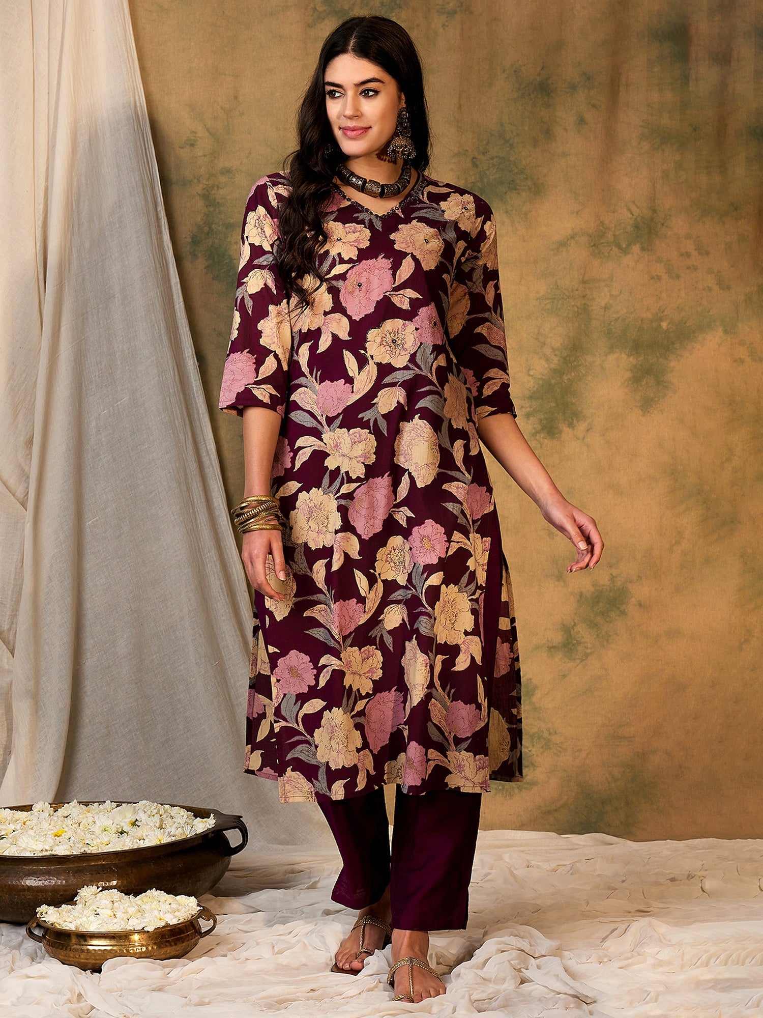 Women's Burgundy Cotton Kurta - Taantav