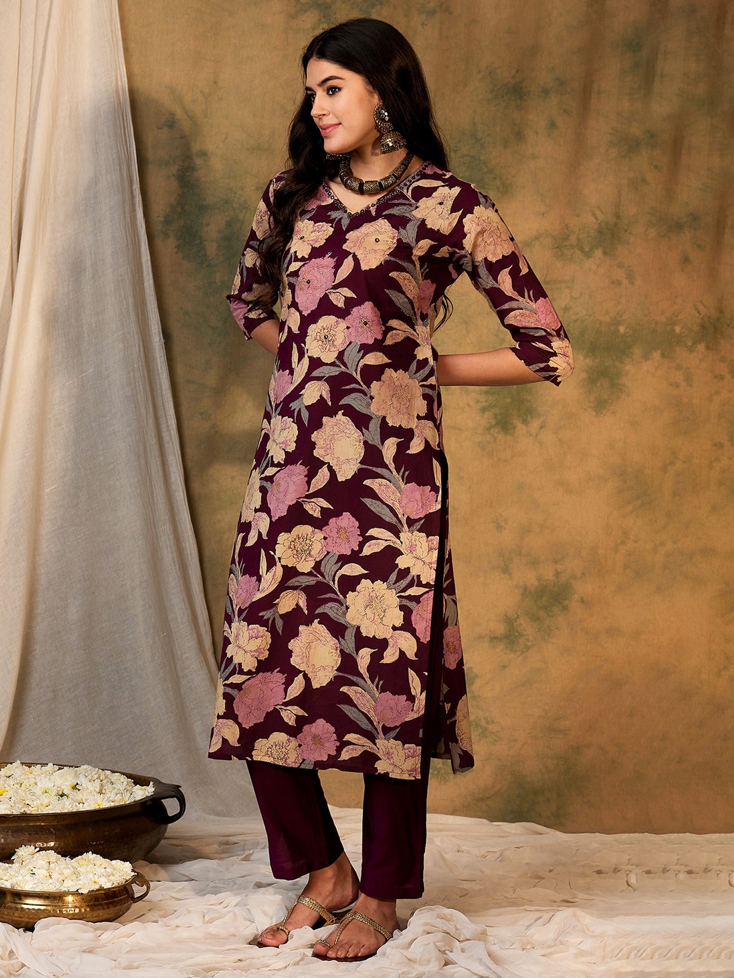 Women's Burgundy Cotton Kurta - Taantav