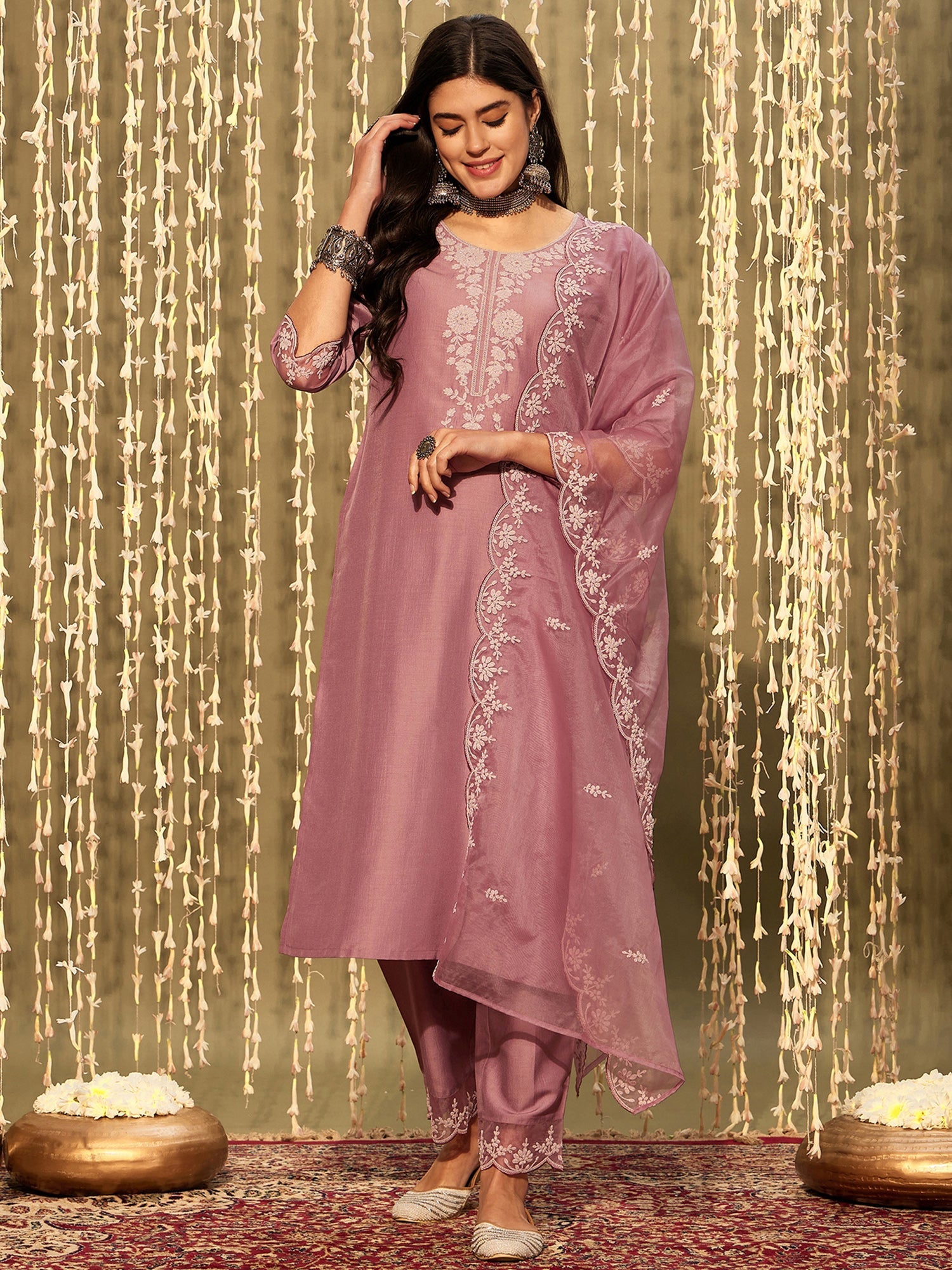 Women's Mauve Silk Blend Kurta Set - Taantav