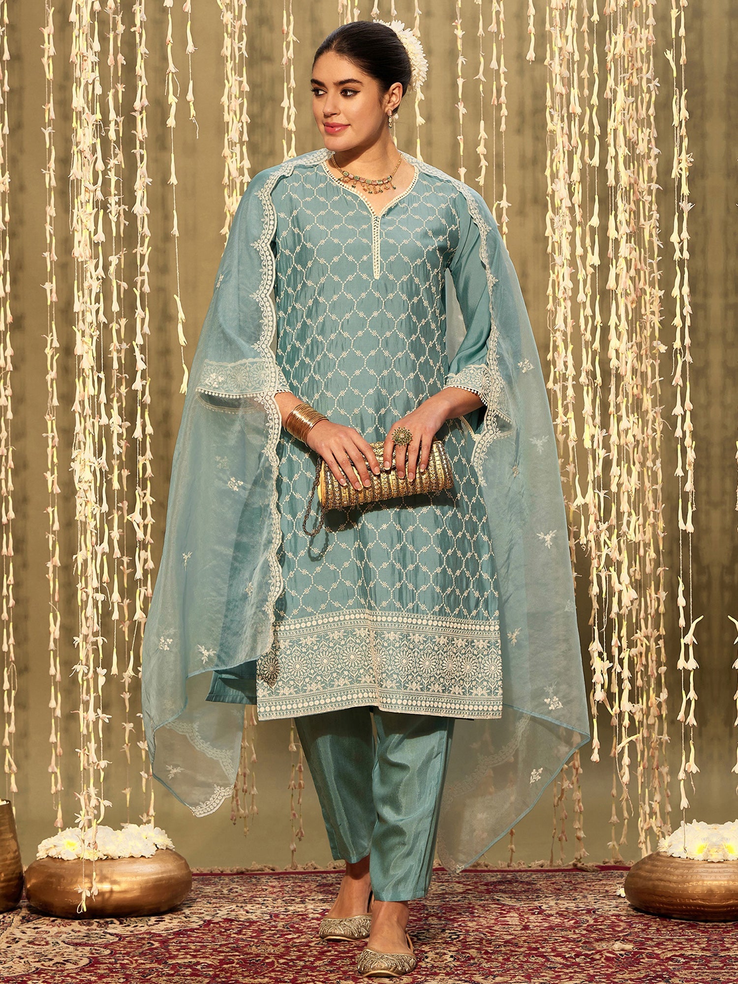 Women's Blue Silk Blend Kurta Set - Taantav