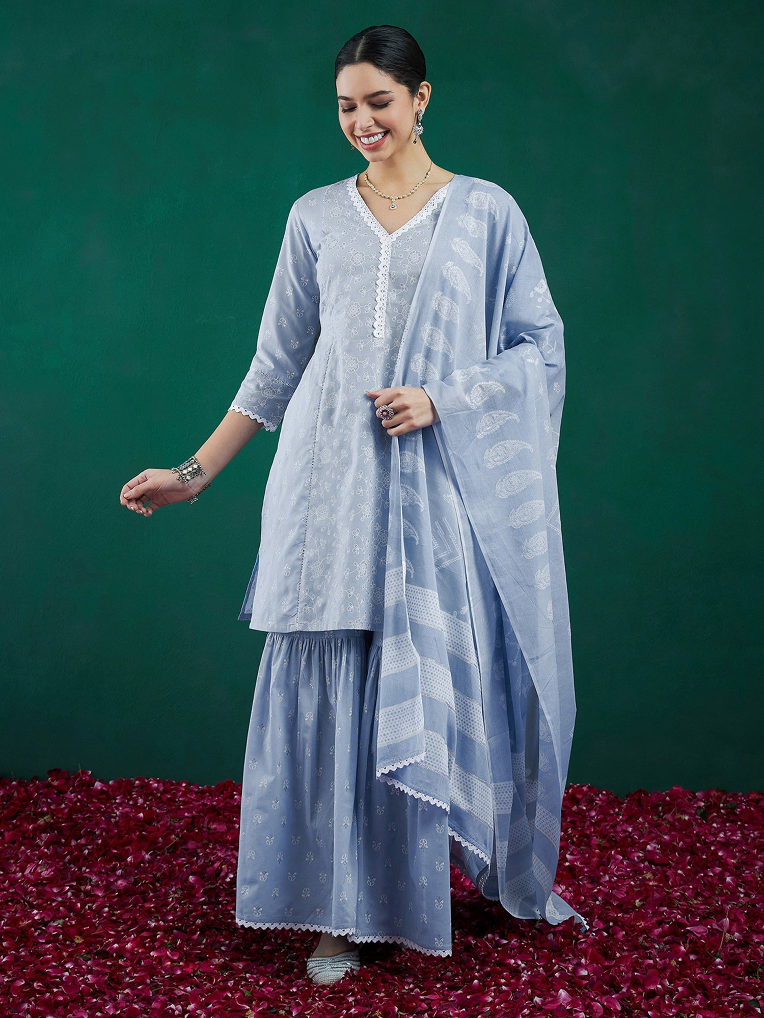 Women's Blue Pure Cotton Kurta Set - Taantav