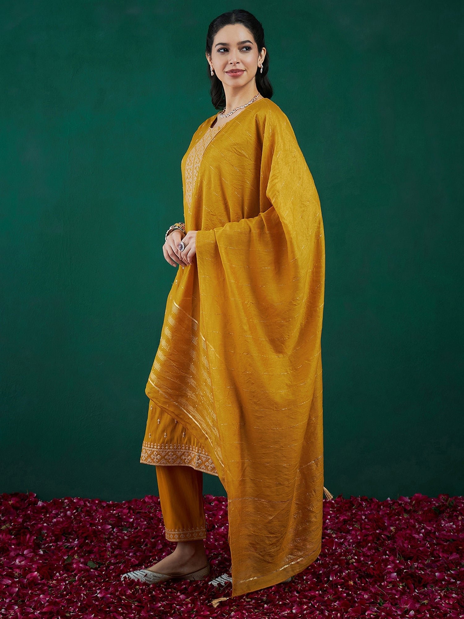 Women's Mustard Chanderi Silk Kurta Set - Taantav