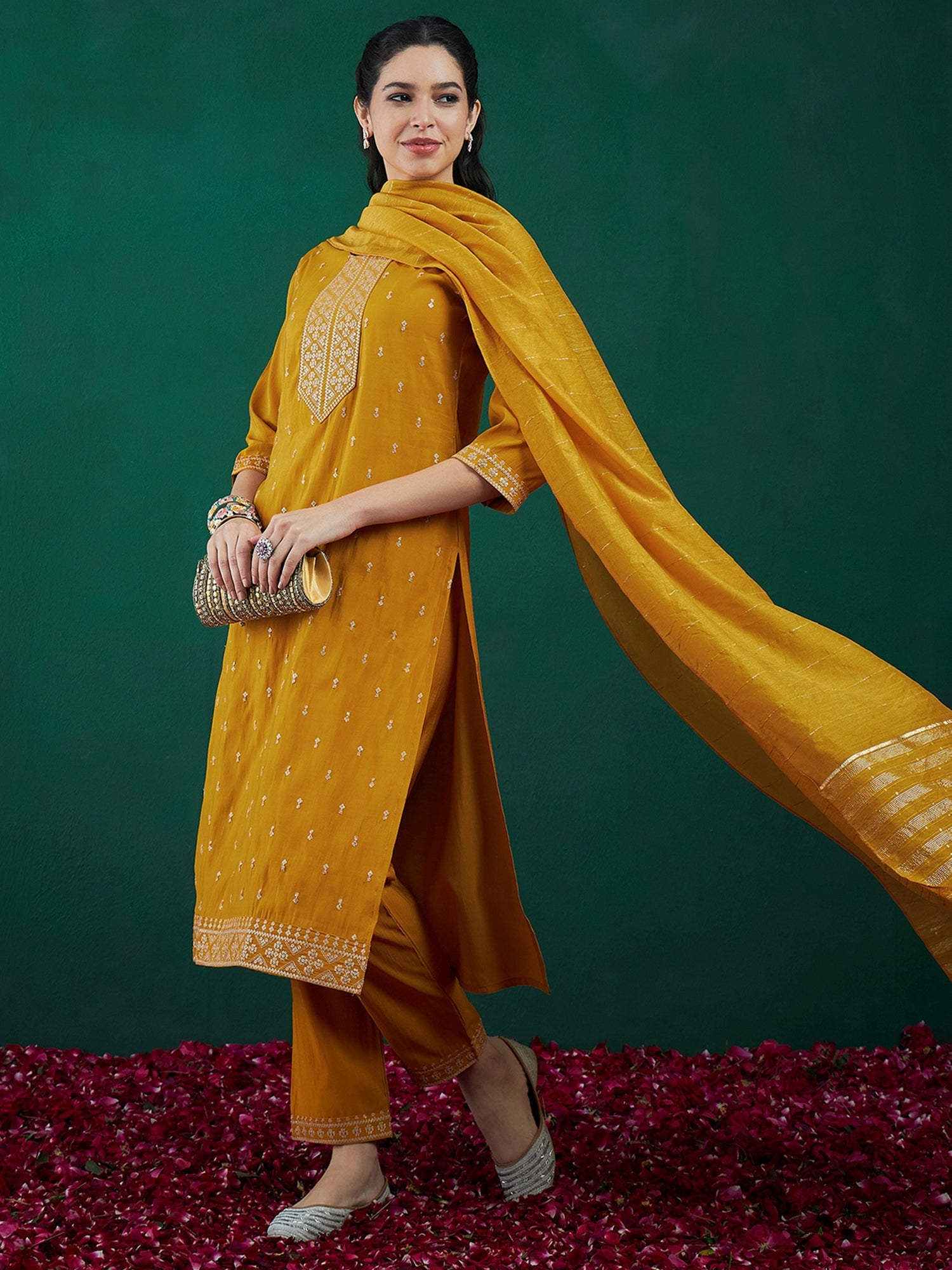 Women's Mustard Chanderi Silk Kurta Set - Taantav