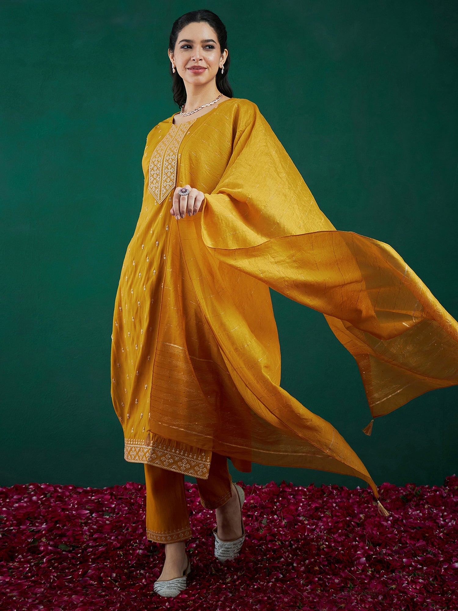 Women's Mustard Chanderi Silk Kurta Set - Taantav