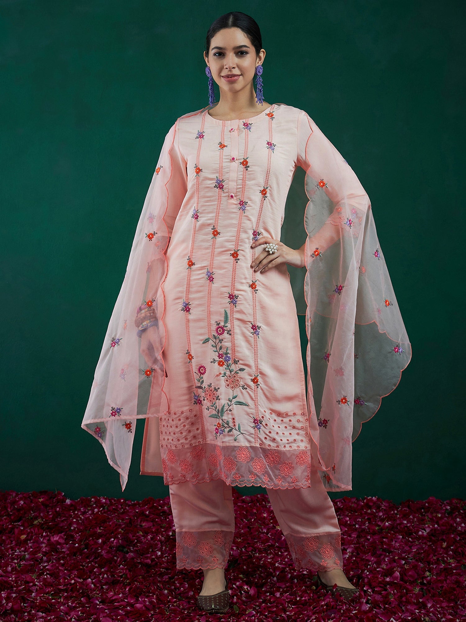 Women's Peach Polyester Kurta Set - Taantav