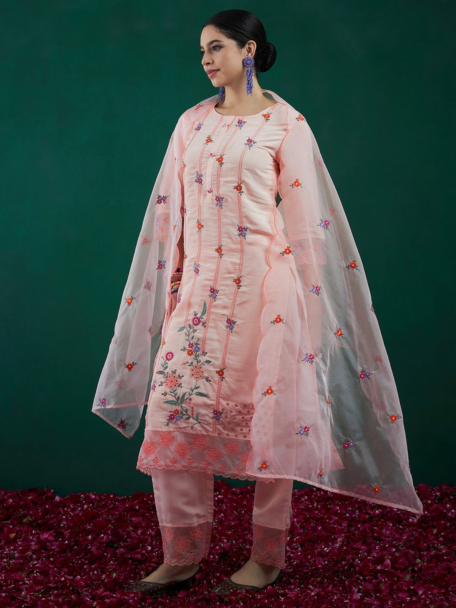 Women's Peach Polyester Kurta Set - Taantav