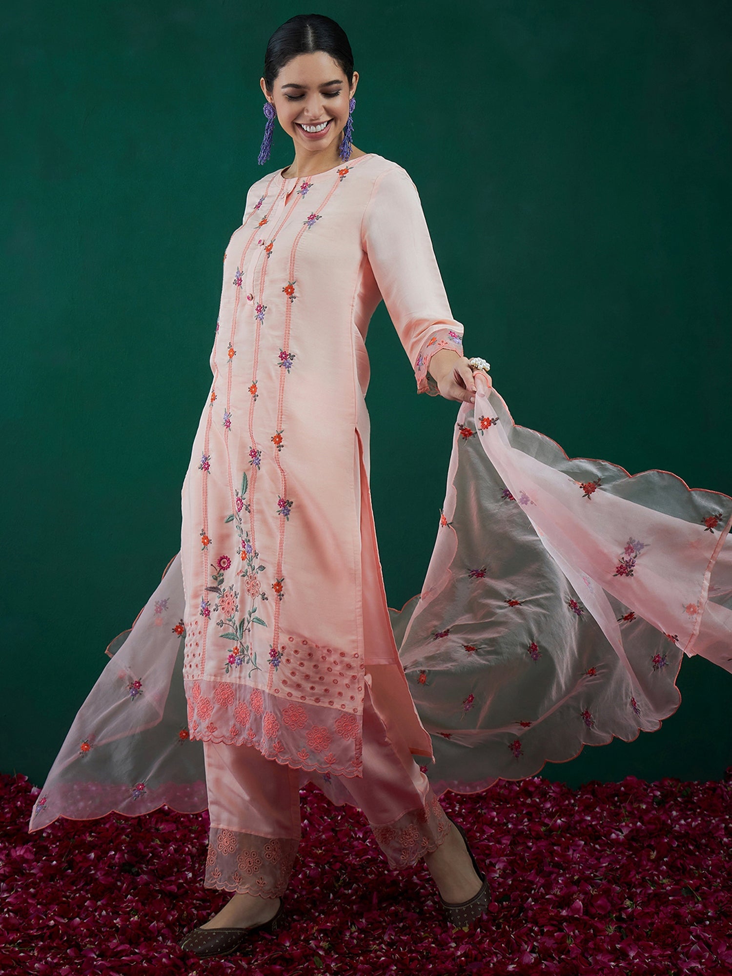 Women's Peach Polyester Kurta Set - Taantav