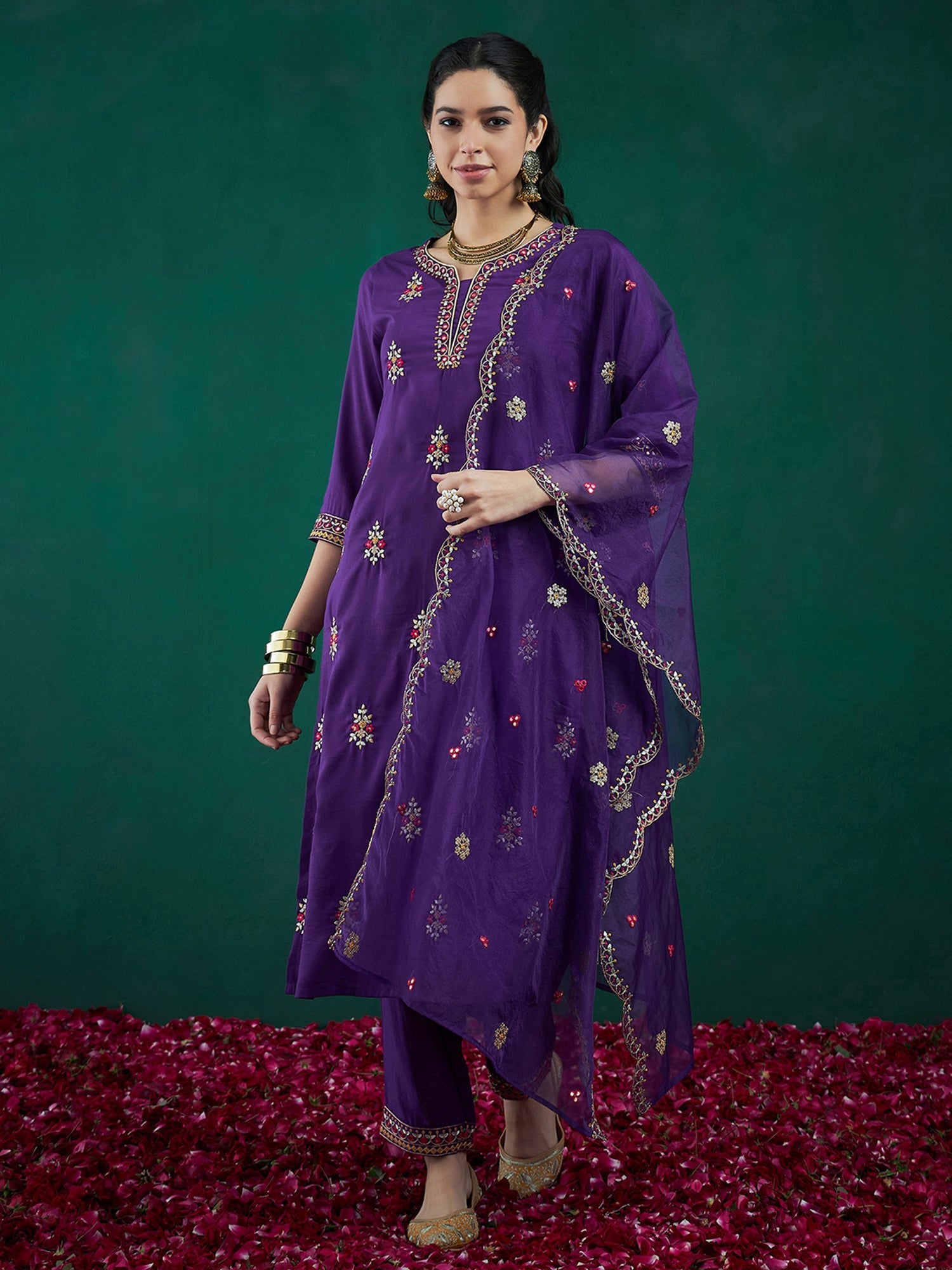 Women's Purple Silk Blend Kurta Set - Taantav