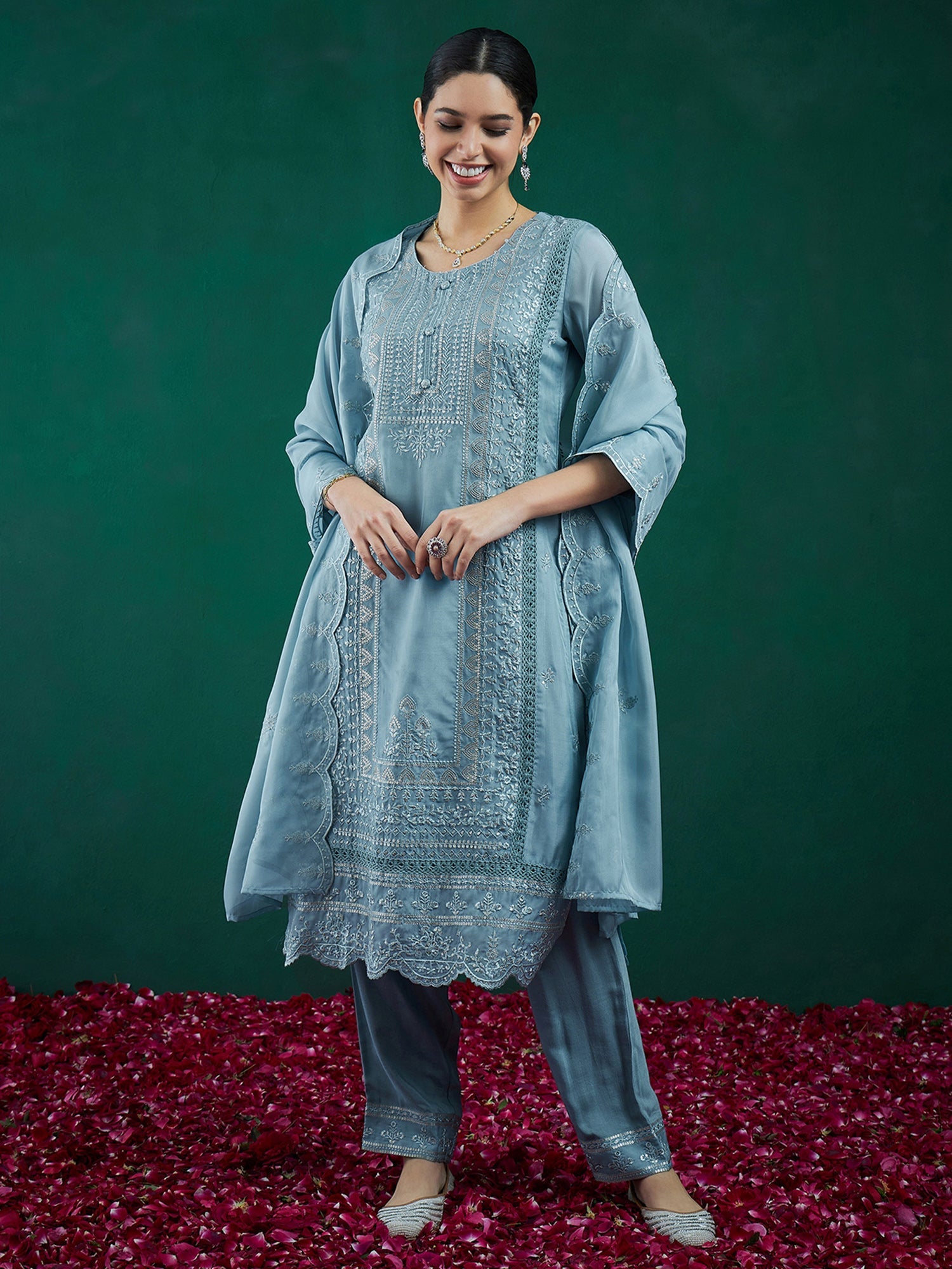 Women's Blue Organza Kurta Set - Taantav