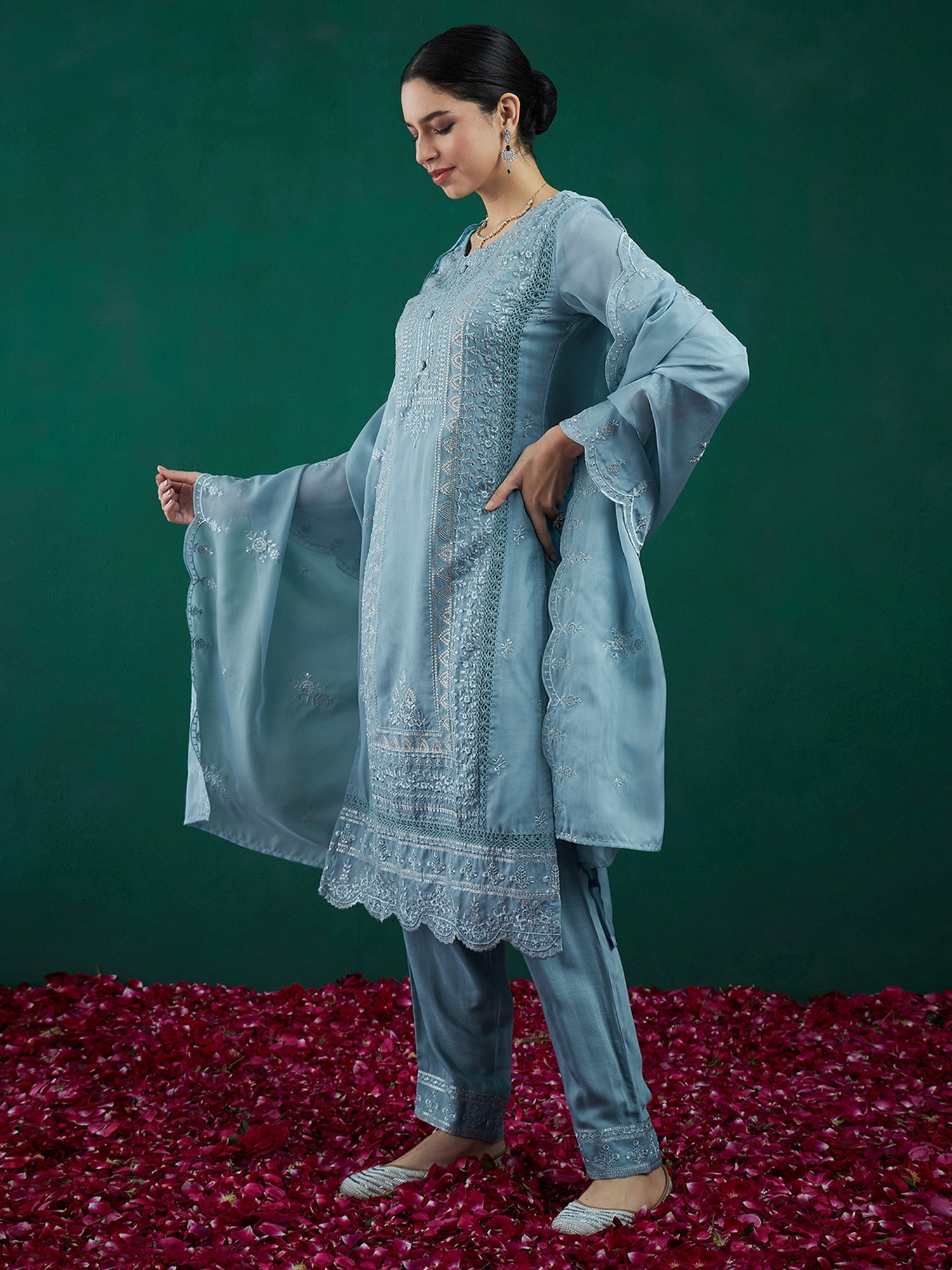 Women's Blue Organza Kurta Set - Taantav