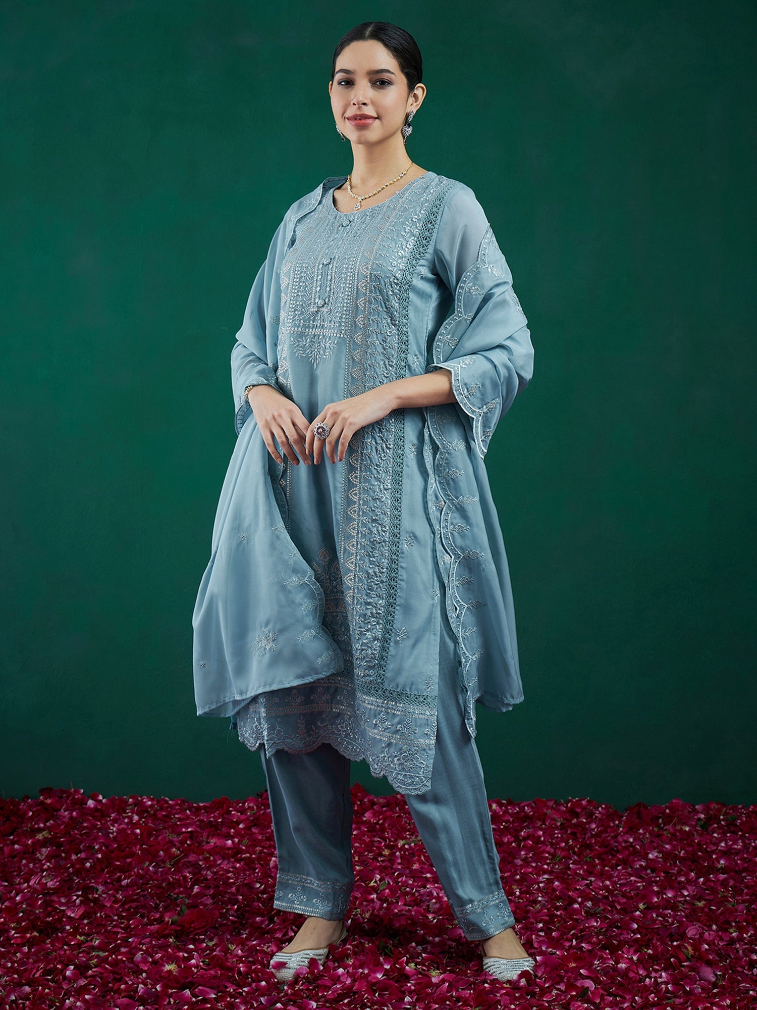 Women's Blue Organza Kurta Set - Taantav