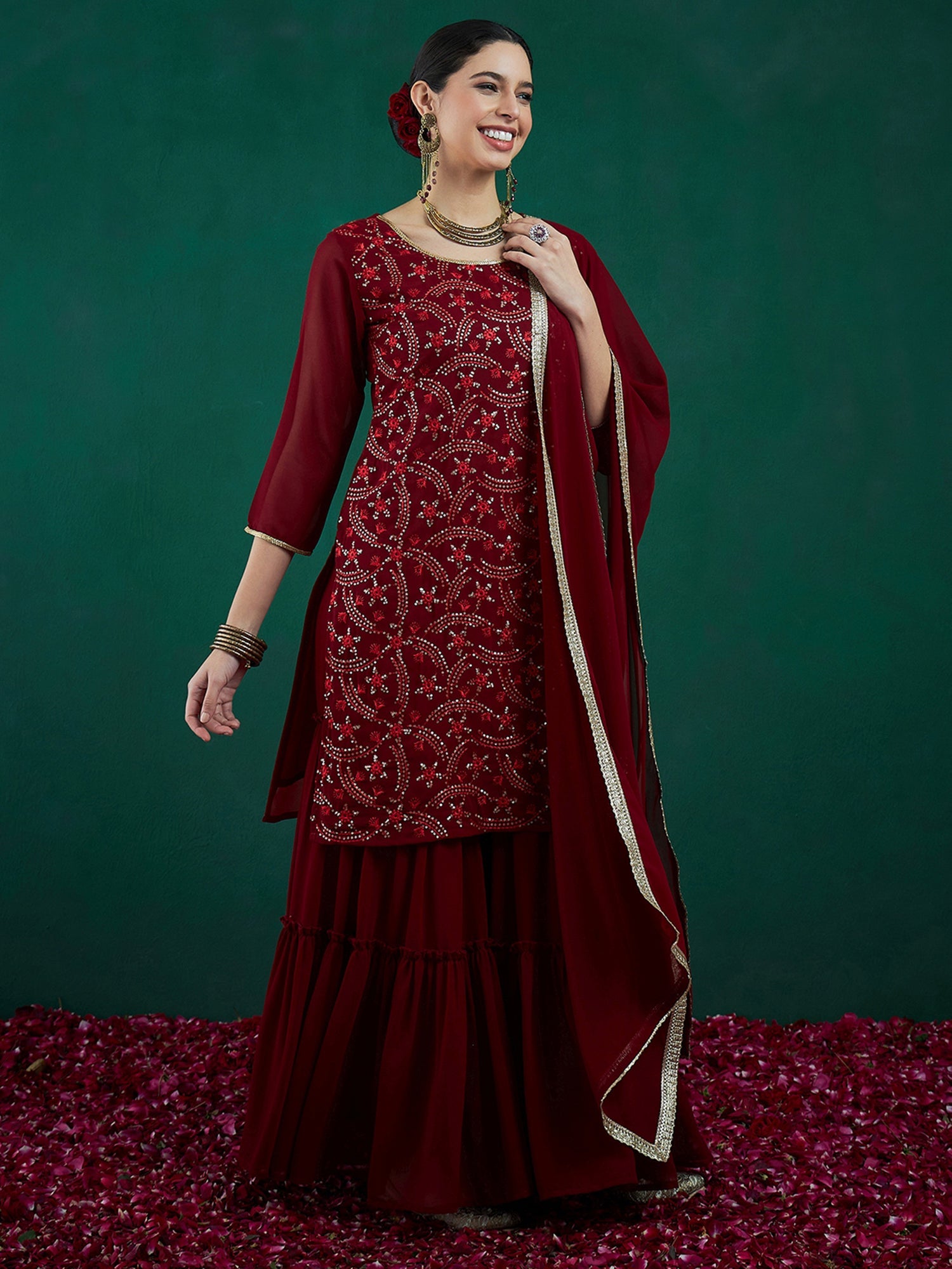 Women's Maroon Georgette Kurta Set - Taantav