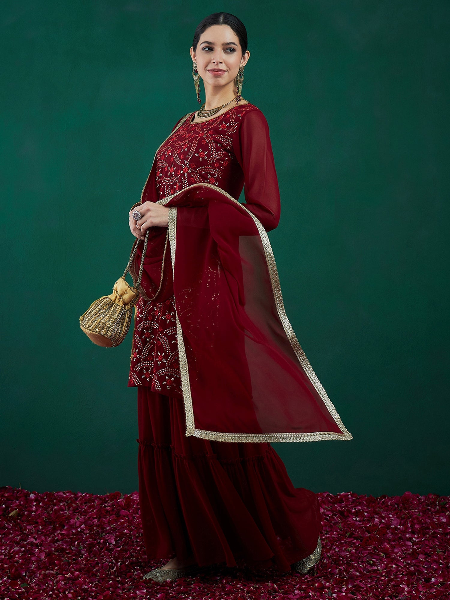 Women's Maroon Georgette Kurta Set - Taantav