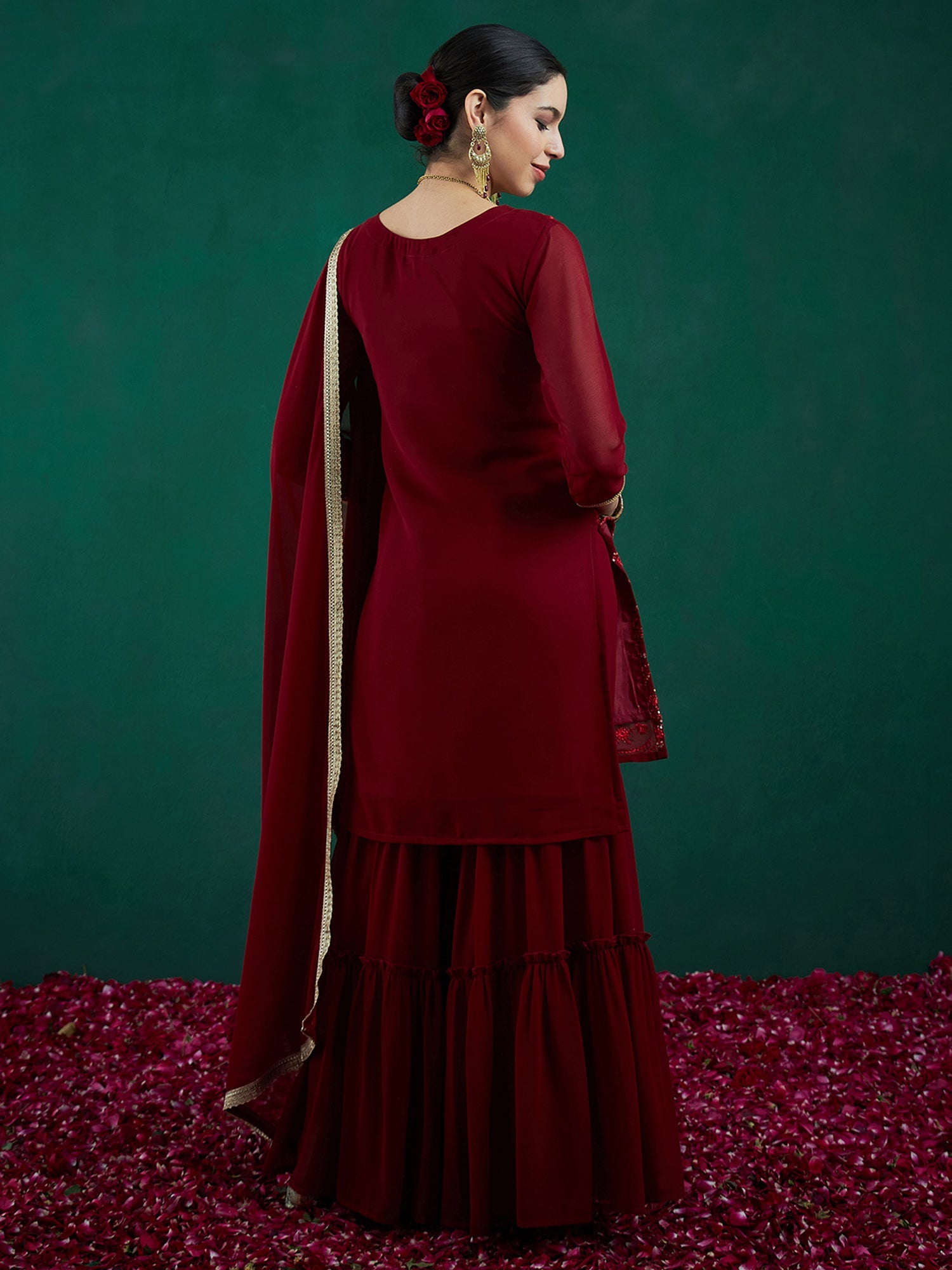 Women's Maroon Georgette Kurta Set - Taantav