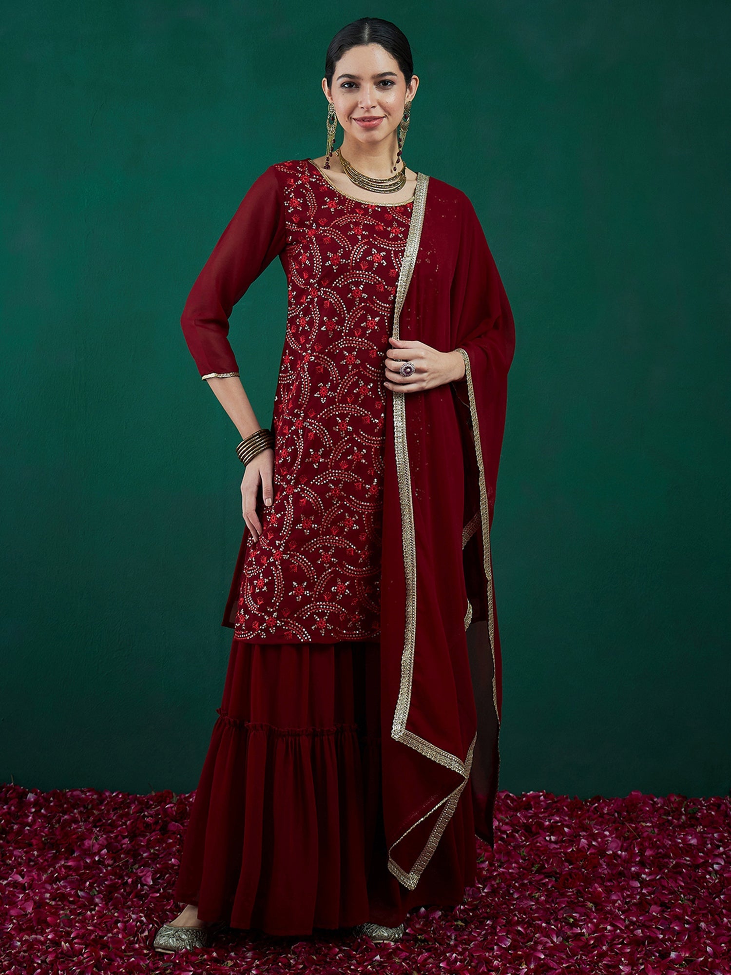 Women's Maroon Georgette Kurta Set - Taantav