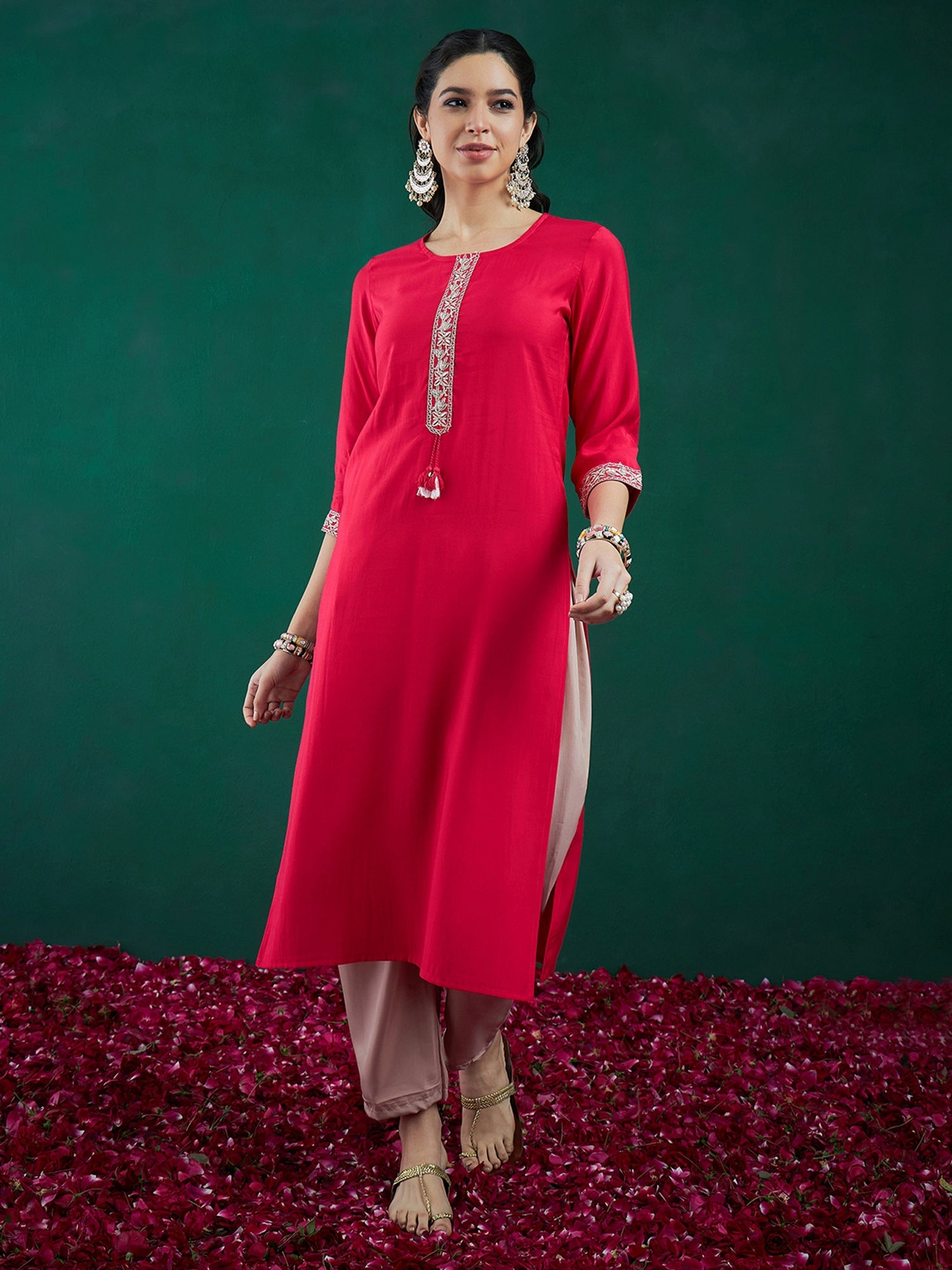 Women's Pink Chanderi Silk Kurta - Taantav