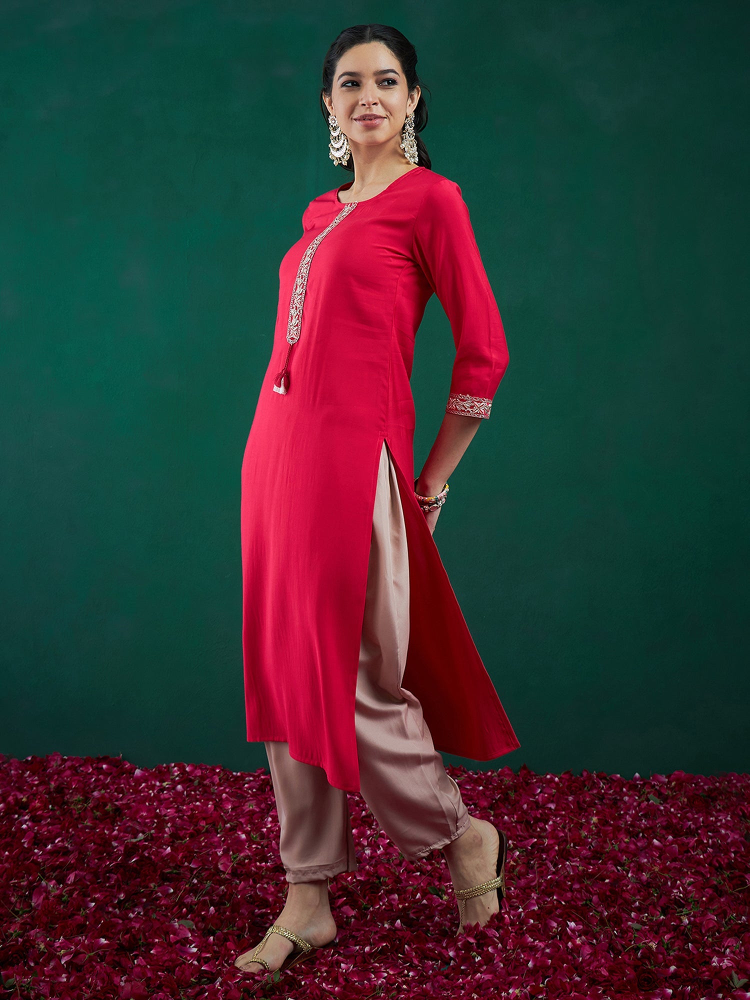 Women's Pink Chanderi Silk Kurta - Taantav