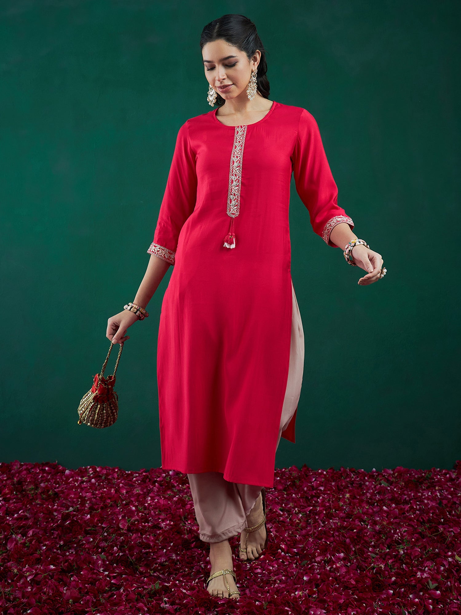 Women's Pink Chanderi Silk Kurta - Taantav