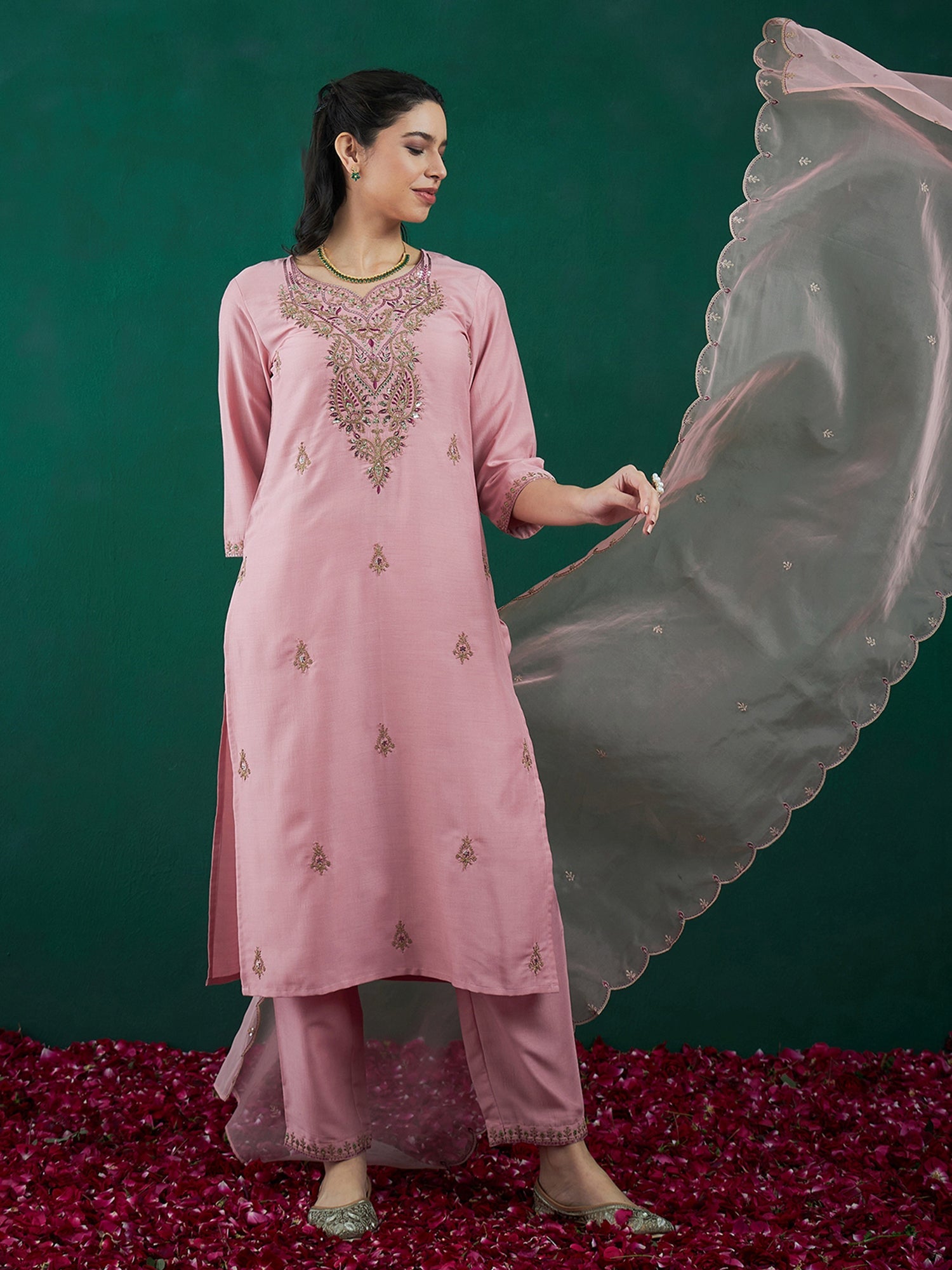 Women's Pink Silk Blend Kurta Set - Taantav