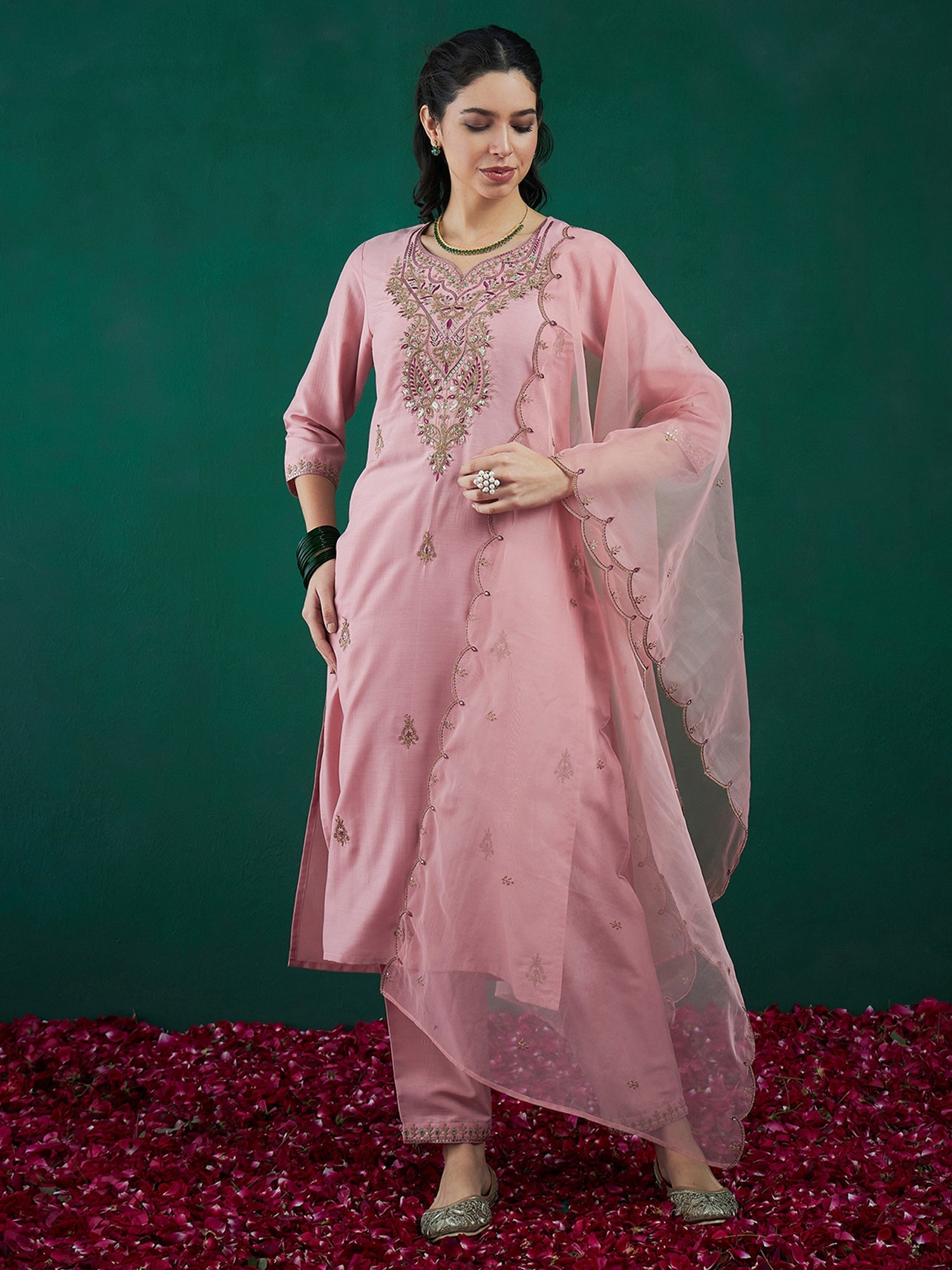 Women's Pink Silk Blend Kurta Set - Taantav