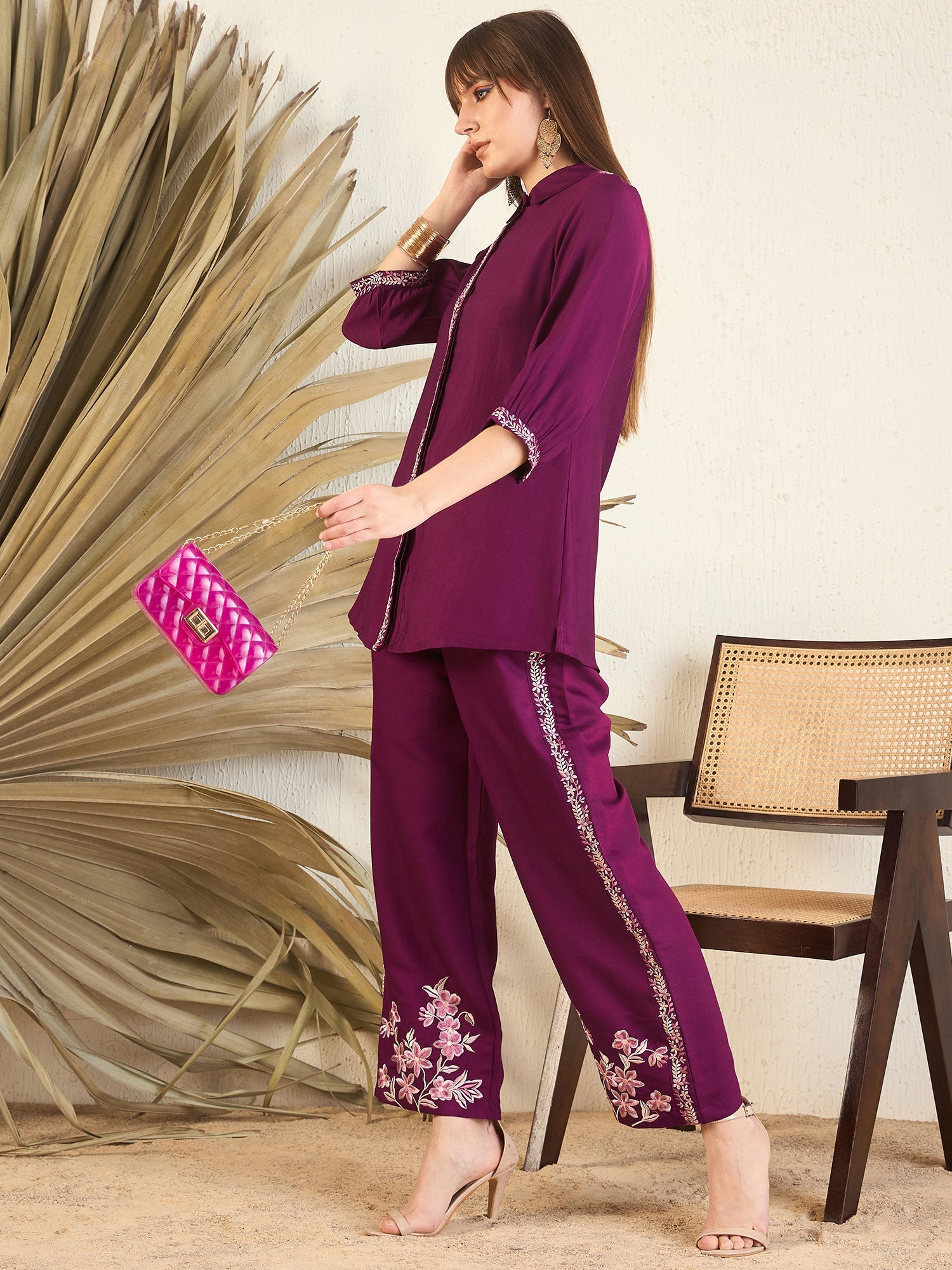 Women's Burgundy Silk Blend Co-Ord Set - Taantav