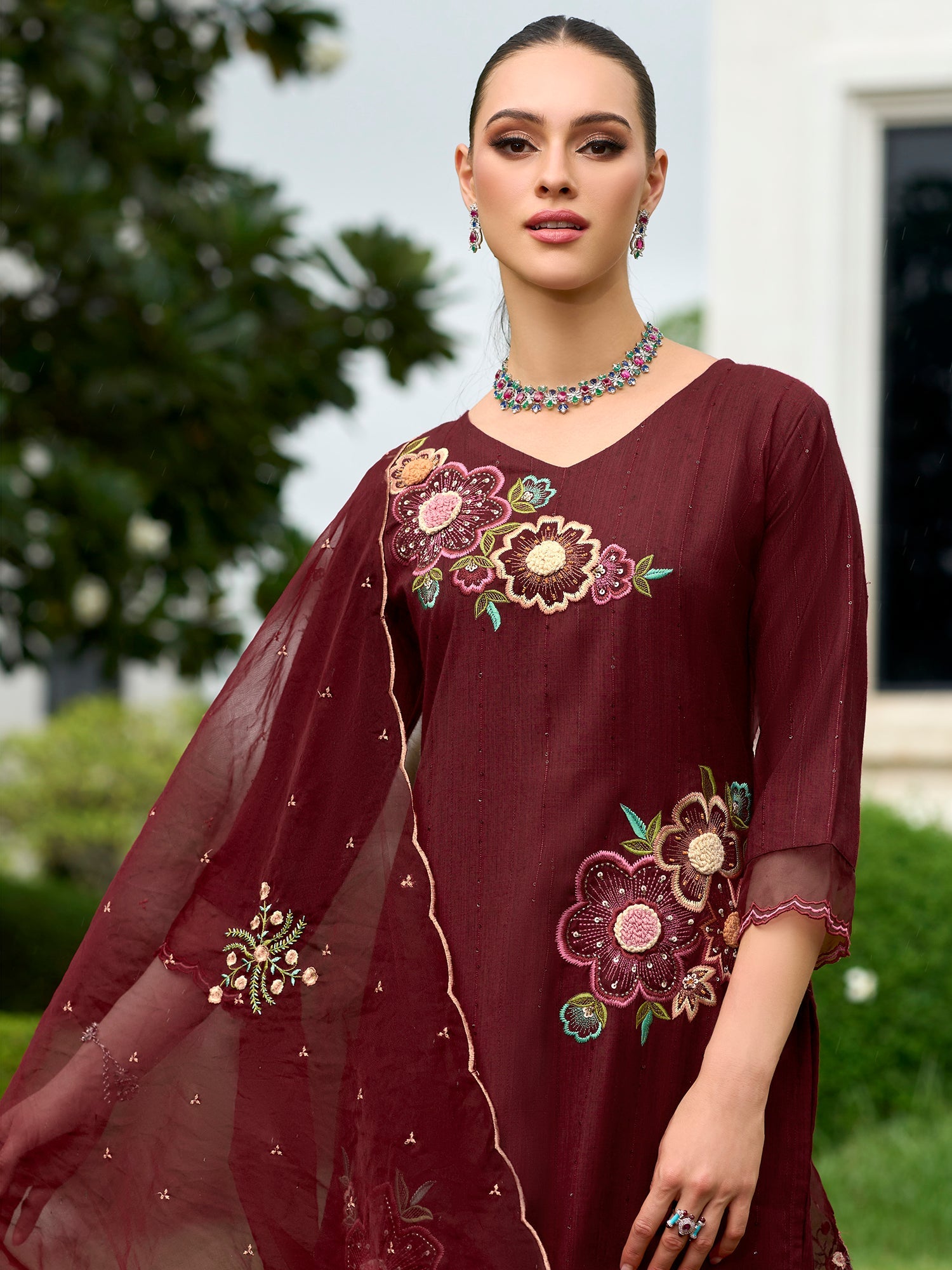 Women's Maroon Silk Blend Kurta Set - Taantav