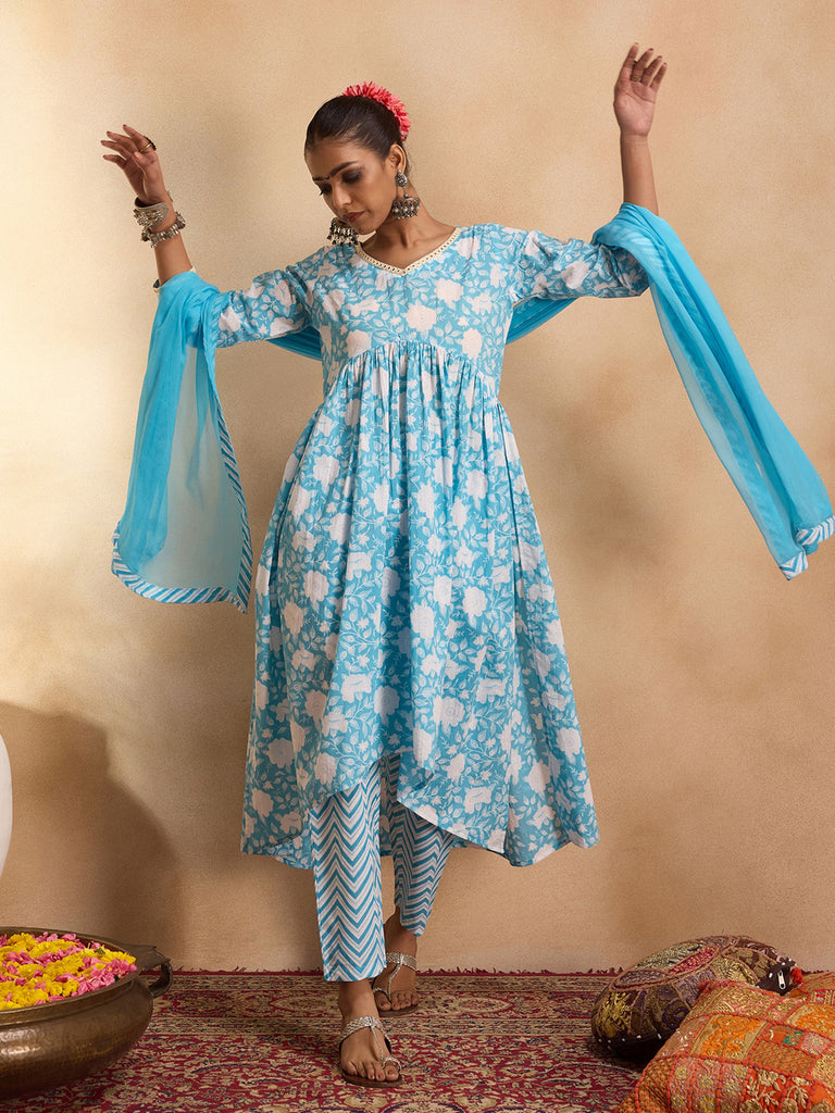 Women's Blue Printed A-Line Kurta Trousers With Dupatta Set