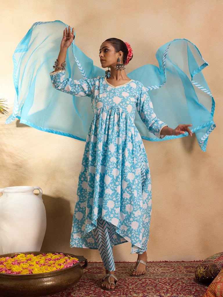 Women's Blue Printed A-Line Kurta Trousers With Dupatta Set