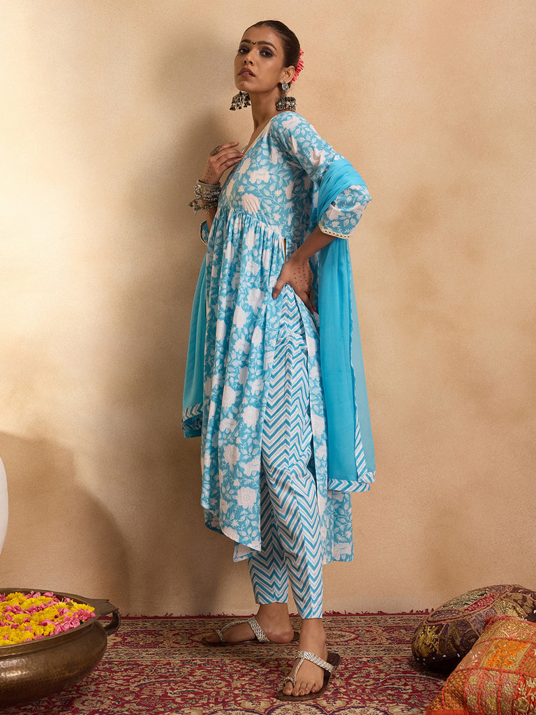 Women's Blue Printed A-Line Kurta Trousers With Dupatta Set