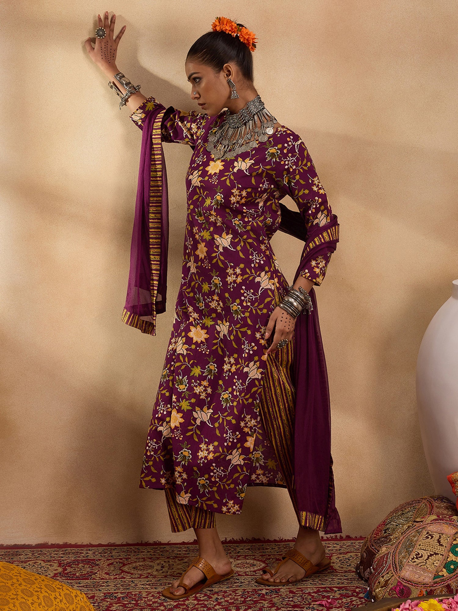 Women's Purple Printed Straight Kurta Trousers With Dupatta Set - Indo Era