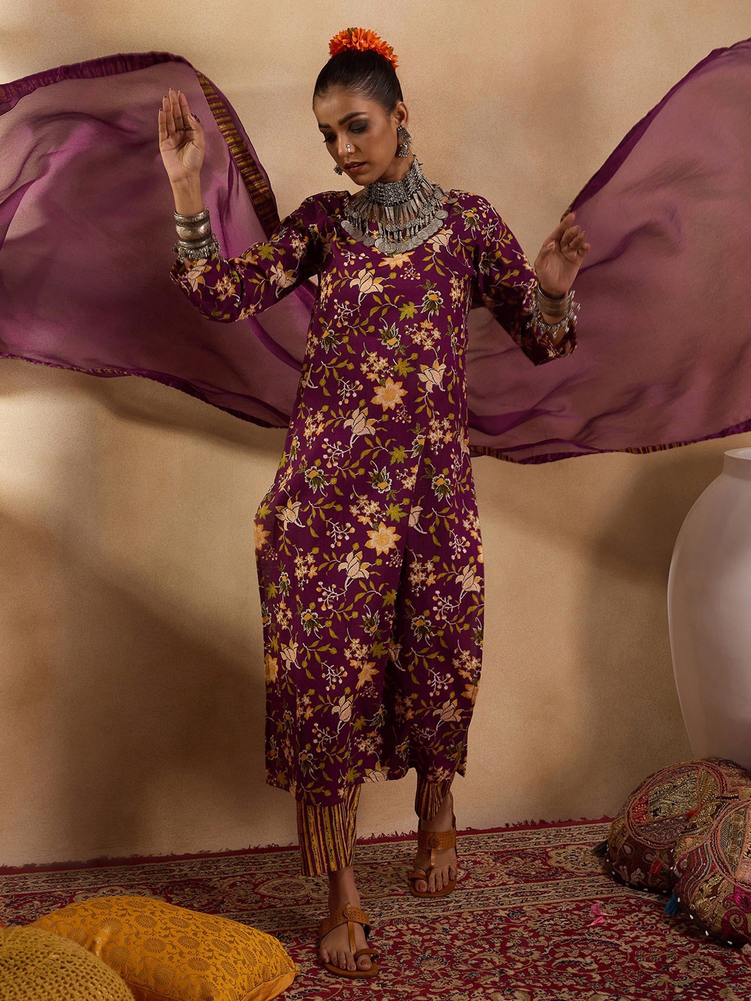 Women's Purple Printed Straight Kurta Trousers With Dupatta Set - Indo Era