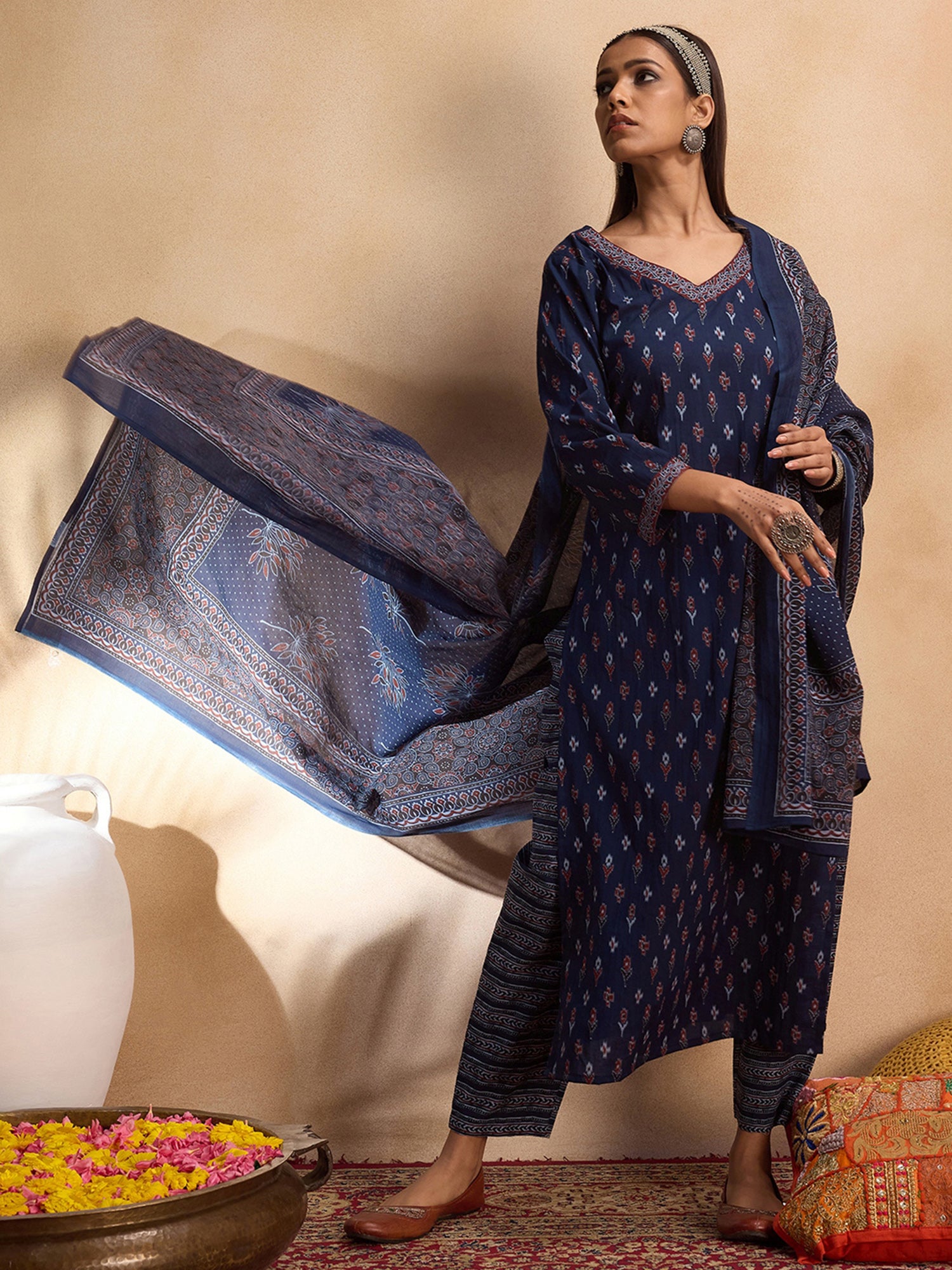 Women's Blue Printed Straight Kurta Trousers With Dupatta Set - Indo Era