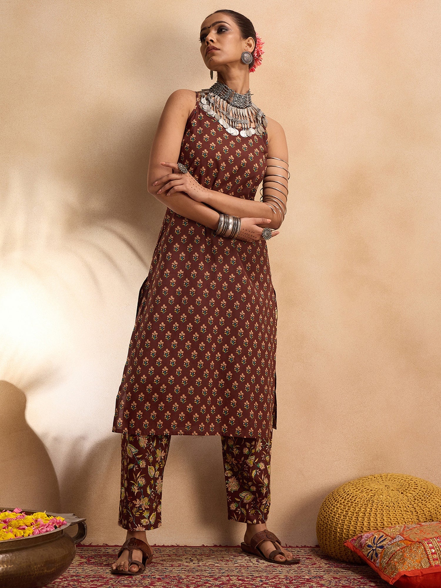 Women's Brown Pure Cotton Kurta Set - Taantav