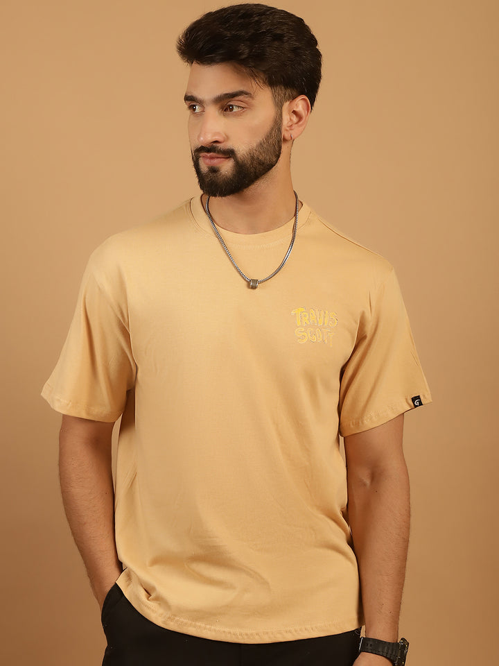 Men's  Beige Cotton Printed T-Shirt