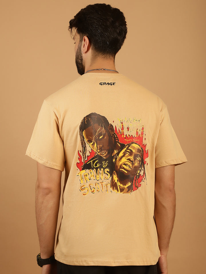 Men's  Beige Cotton Printed T-Shirt