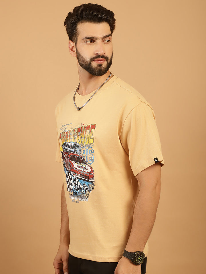 Men's  Beige Cotton Printed T-Shirt