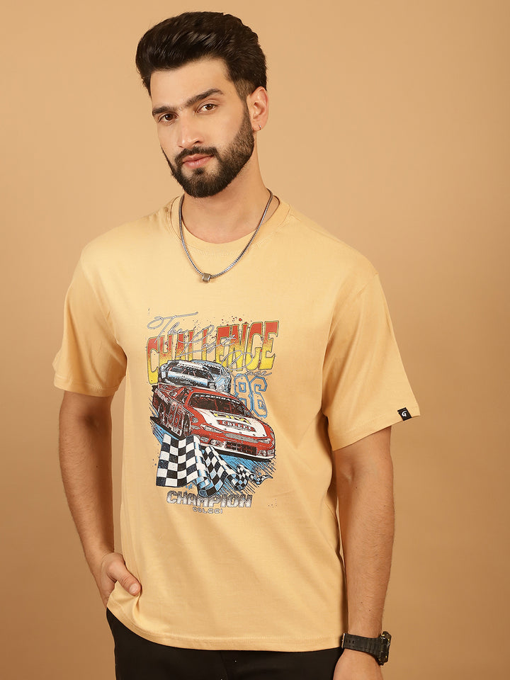 Men's  Beige Cotton Printed T-Shirt