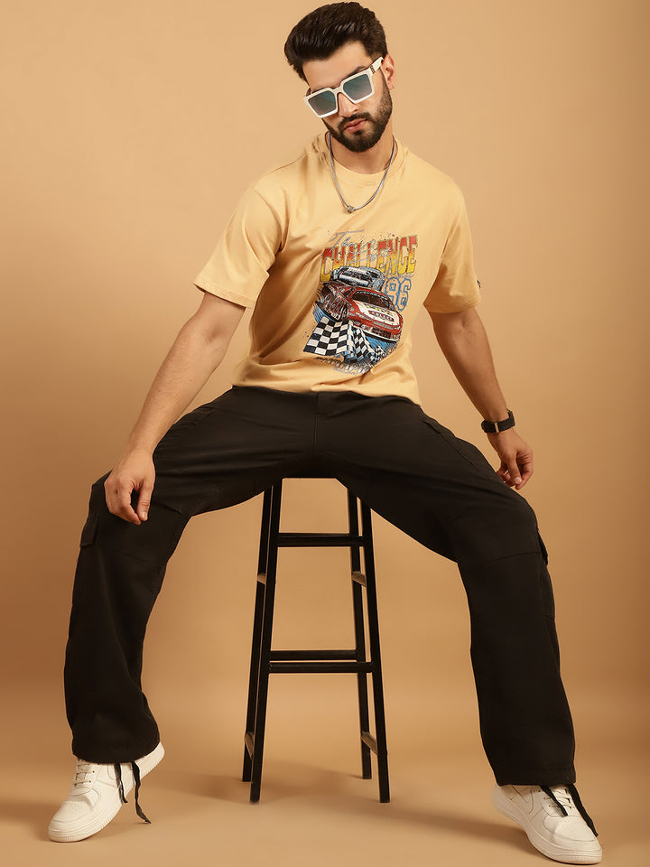 Men's  Beige Cotton Printed T-Shirt