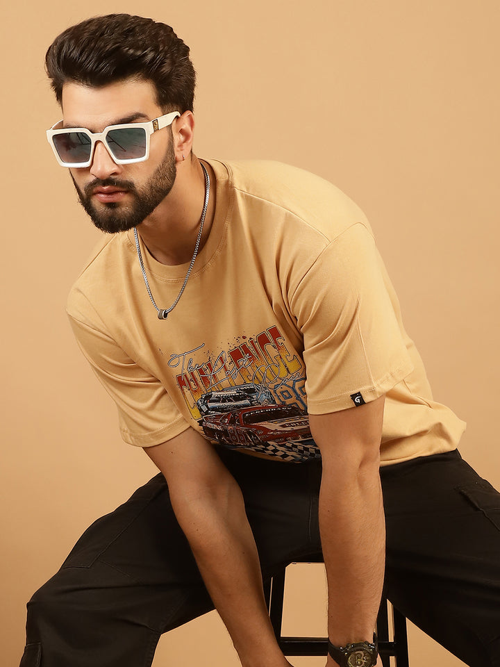 Men's  Beige Cotton Printed T-Shirt