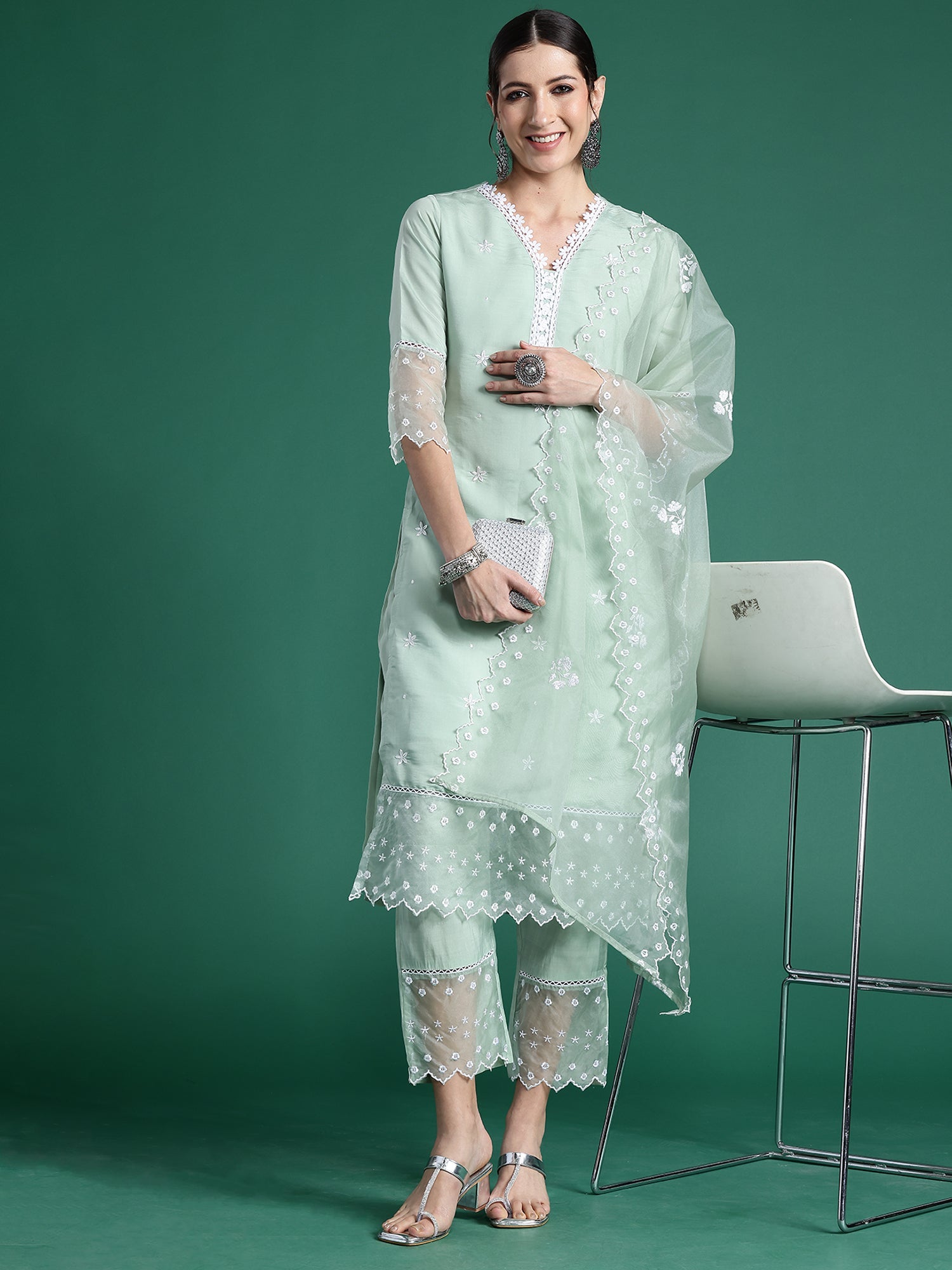 Women's Sea Green Silk Blend Kurta Set - Taantav