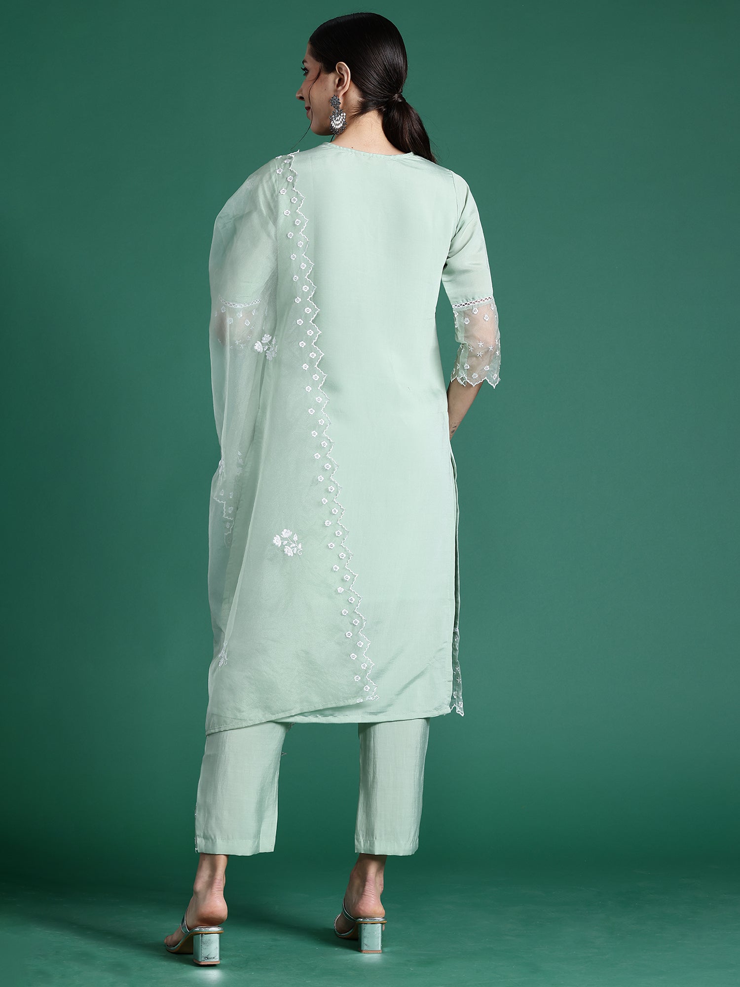 Women's Sea Green Silk Blend Kurta Set - Taantav