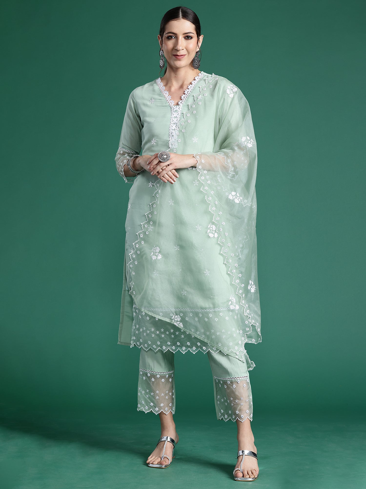 Women's Seagreen Embroidered Straight Kurta Trousers With Dupatta Set - Indo Era