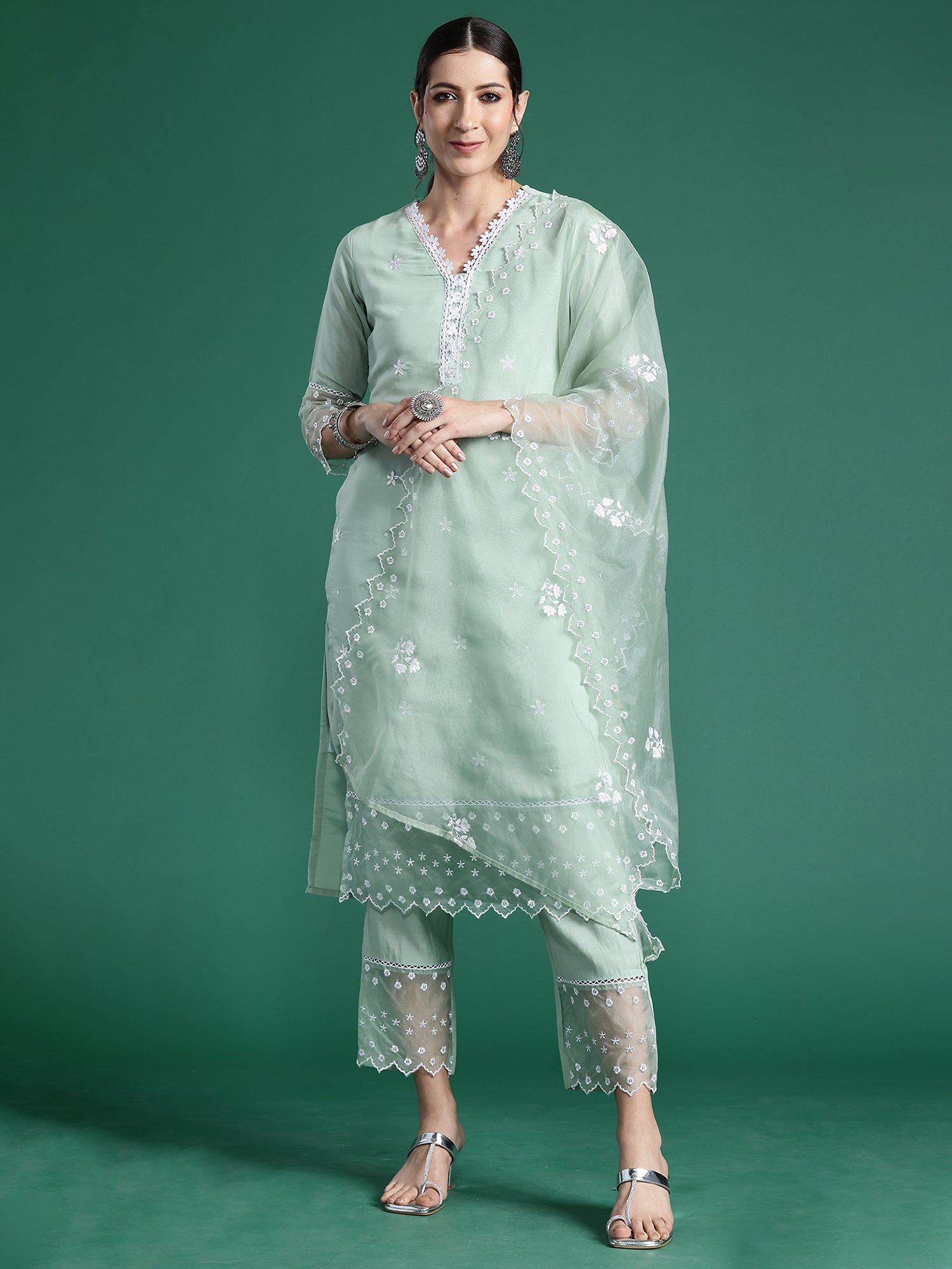 Women's Sea Green Silk Blend Kurta Set - Taantav