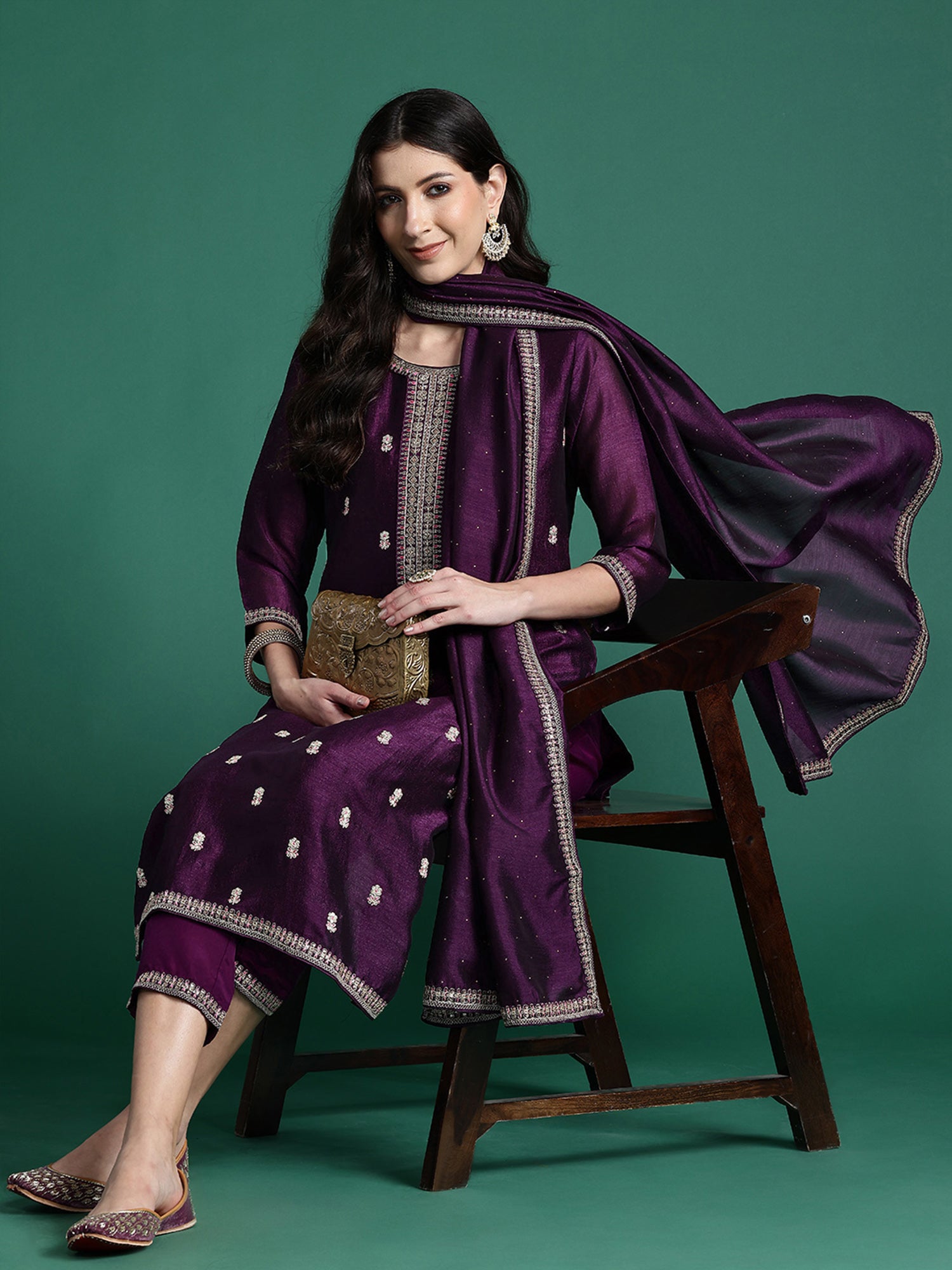 Women's Purple Embroidered Straight Kurta Trousers With Dupatta Set - Indo Era