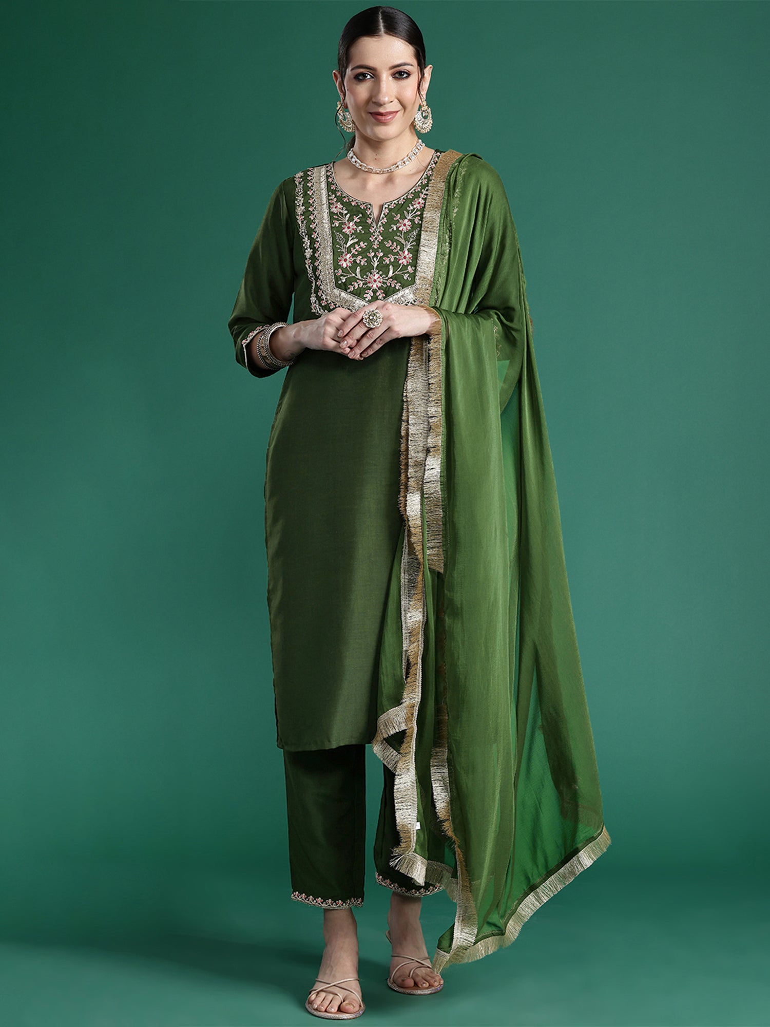 Women's Green Embroidered Straight Kurta Trousers With Dupatta Set - Indo Era